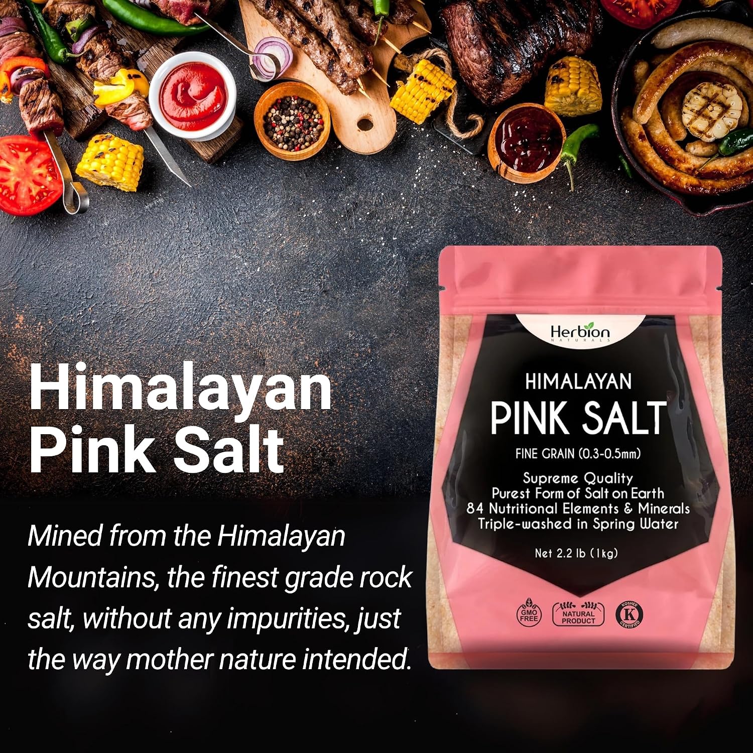 HERBION Naturals Himalayan Pink Salt Jar Fine Grain, GMO Free, Supreme Quality Chemical Free, Vegan, Kosher Certified, Fine Grain All Natural Salt