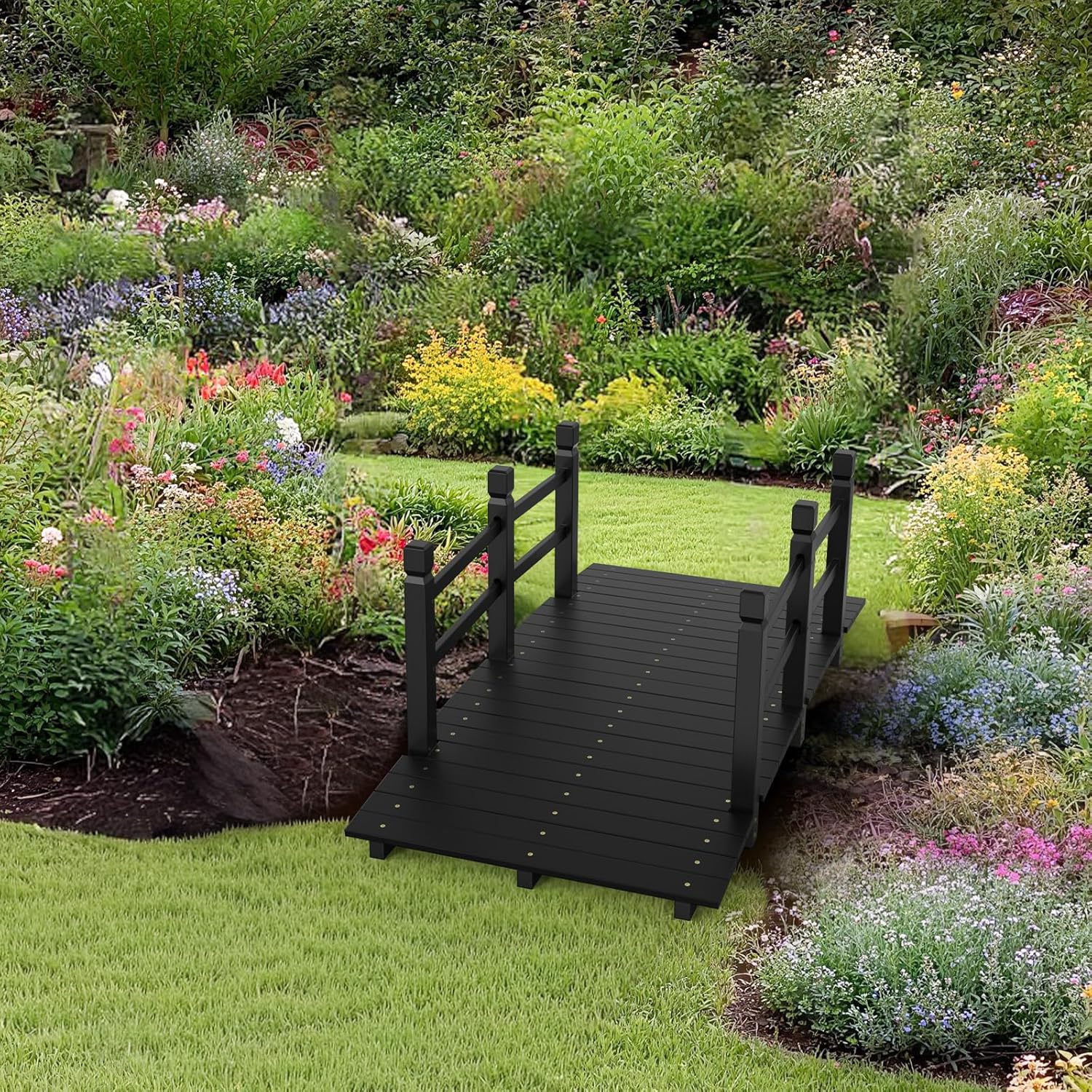 VINGLI 5 ft Garden Bridge, Classic Wooden Arch with Safety Rails Stained Finished Footbridge, Decorative Pond Landscaping, Backyard, Creek or Farm
