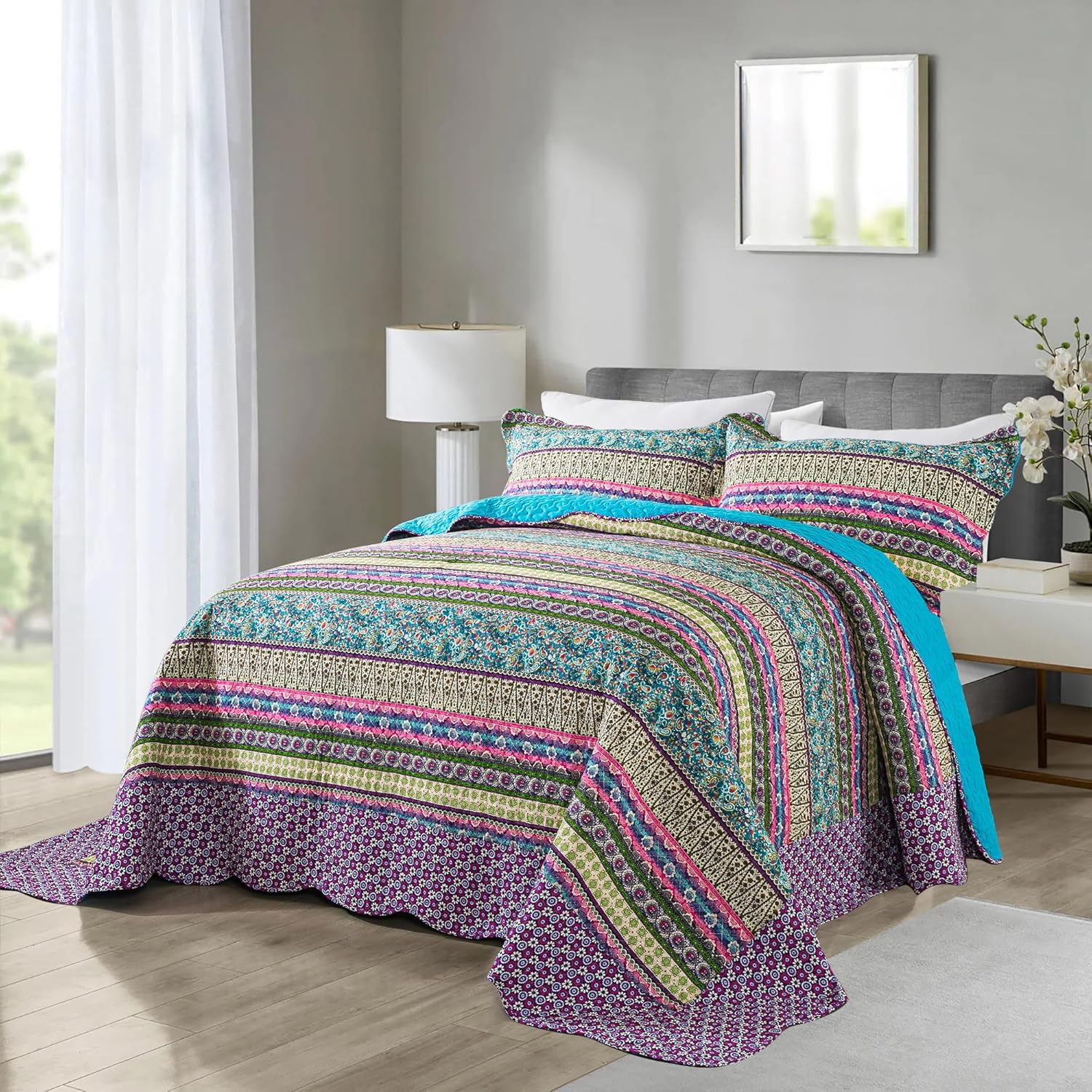 Striped Jacquard Style Cotton 3-Piece Patchwork Bedspread Quilt Sets, Queen Size