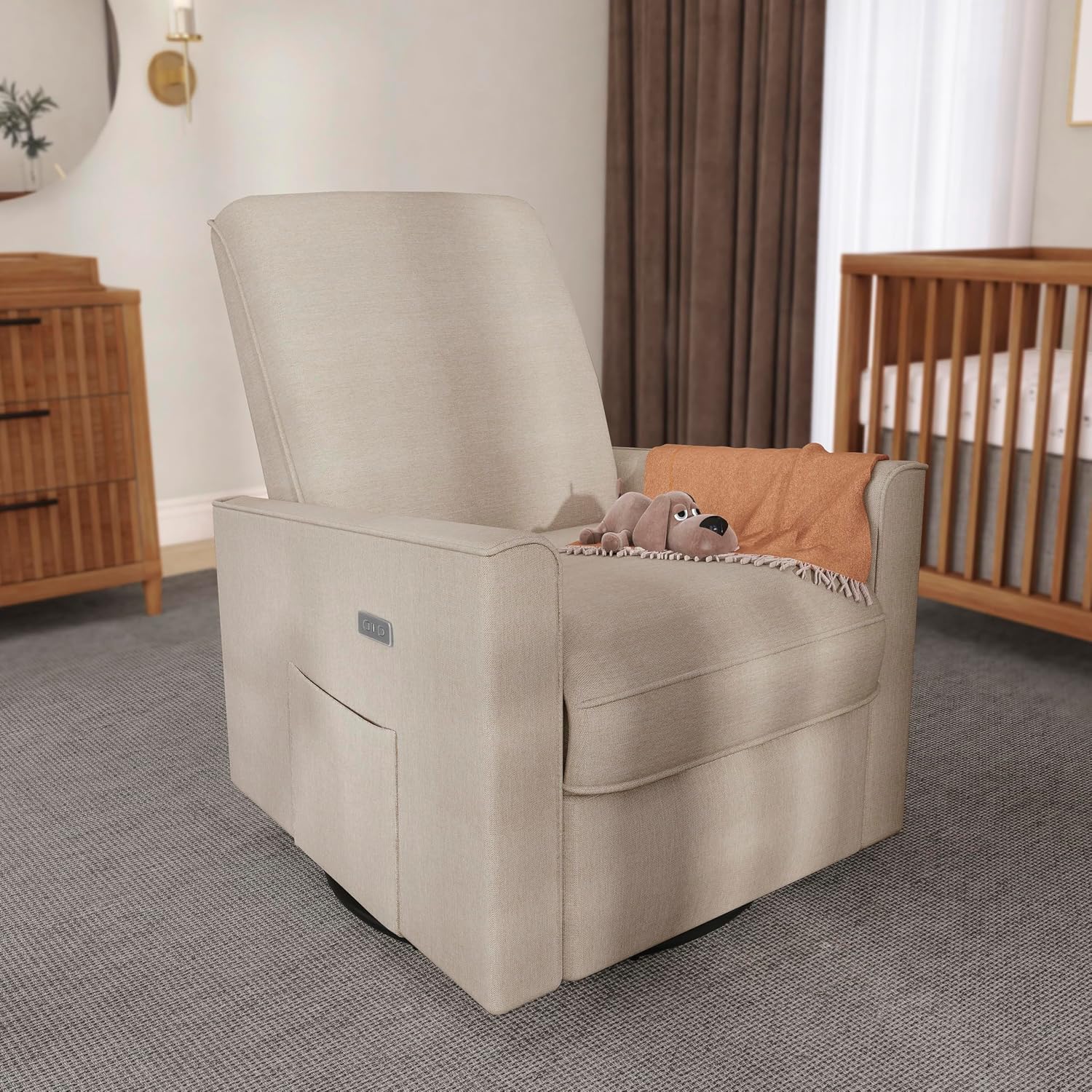 évolur Harlow Upholstered Power Glider Recliner with USB Charging – Rocking & 275° Swivel with Smooth Glide – Greenguard Gold & FSC