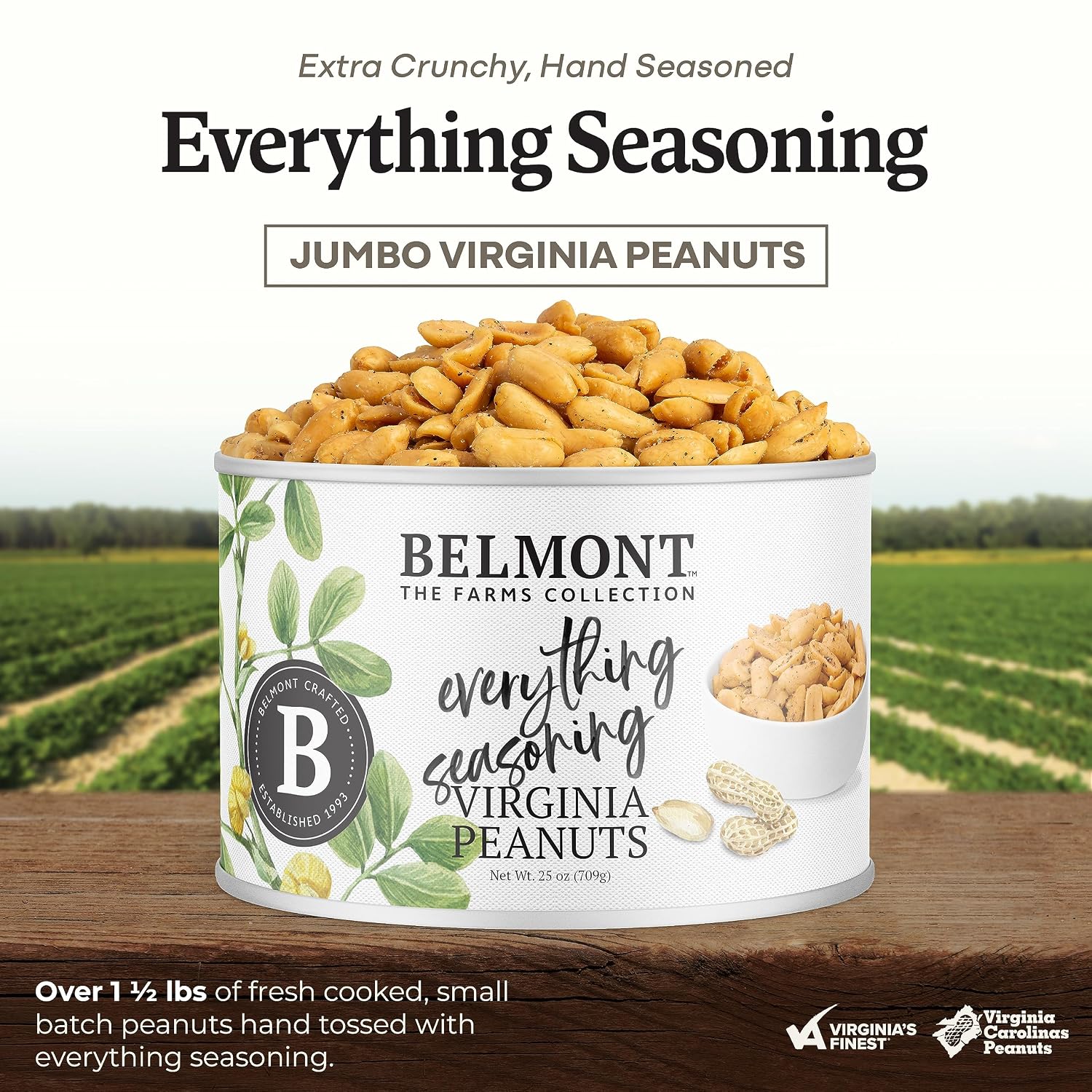 Belmont Peanuts Gourmet Sea-Salted Virginia Peanuts, 20 oz (1 Pack) – Only 3 Simple Ingredients, No Preservatives, 7g Protein – A Premium, Salty, Crunchy, Hand Seasoned Snack