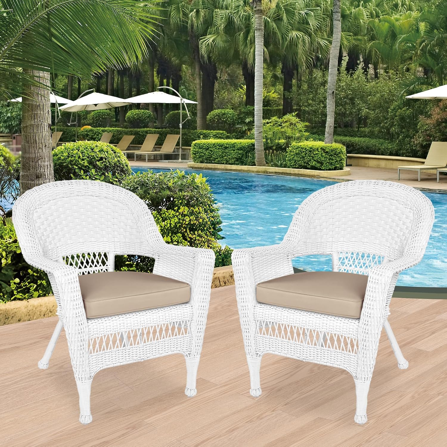 Jeco Wicker Chair with Tan Cushion, Set of 2, White/W00206-