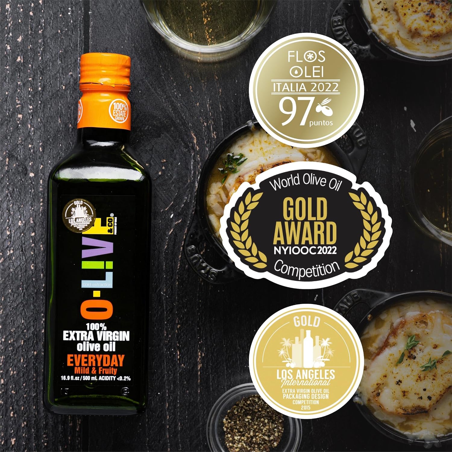 O-Live & Co. 25 Fl Oz 100% Extra Virgin Olive Oil - No Additive - Single Origin Versatile EVOO - First Cold Pressed - Polyphenol Rich - Glass Bottle - New Harvest - Award Winner