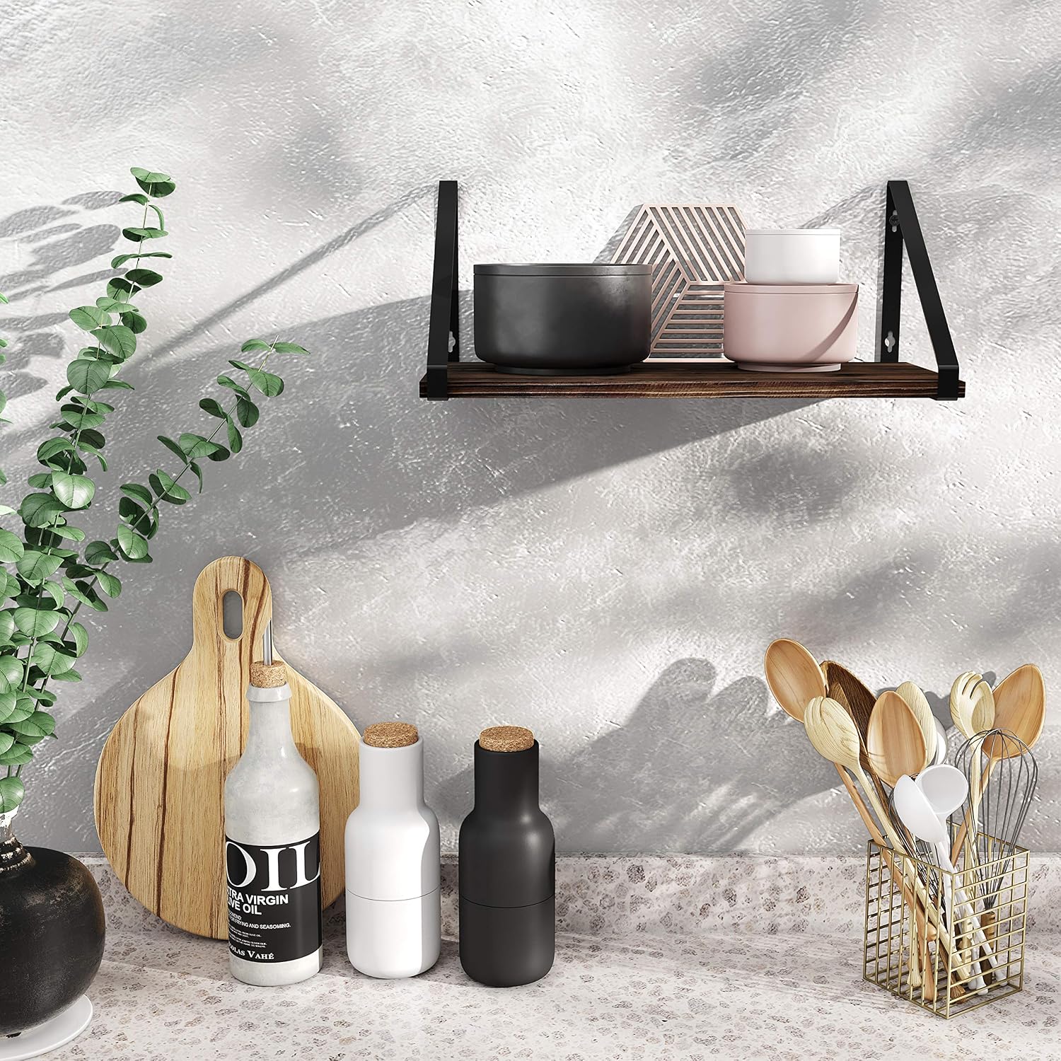 BAMEOS Floating Shelves Rustic Wood Wall Shelf, Small Bookshelf for Living Room, Office, Bedroom, with Metal Bracket
