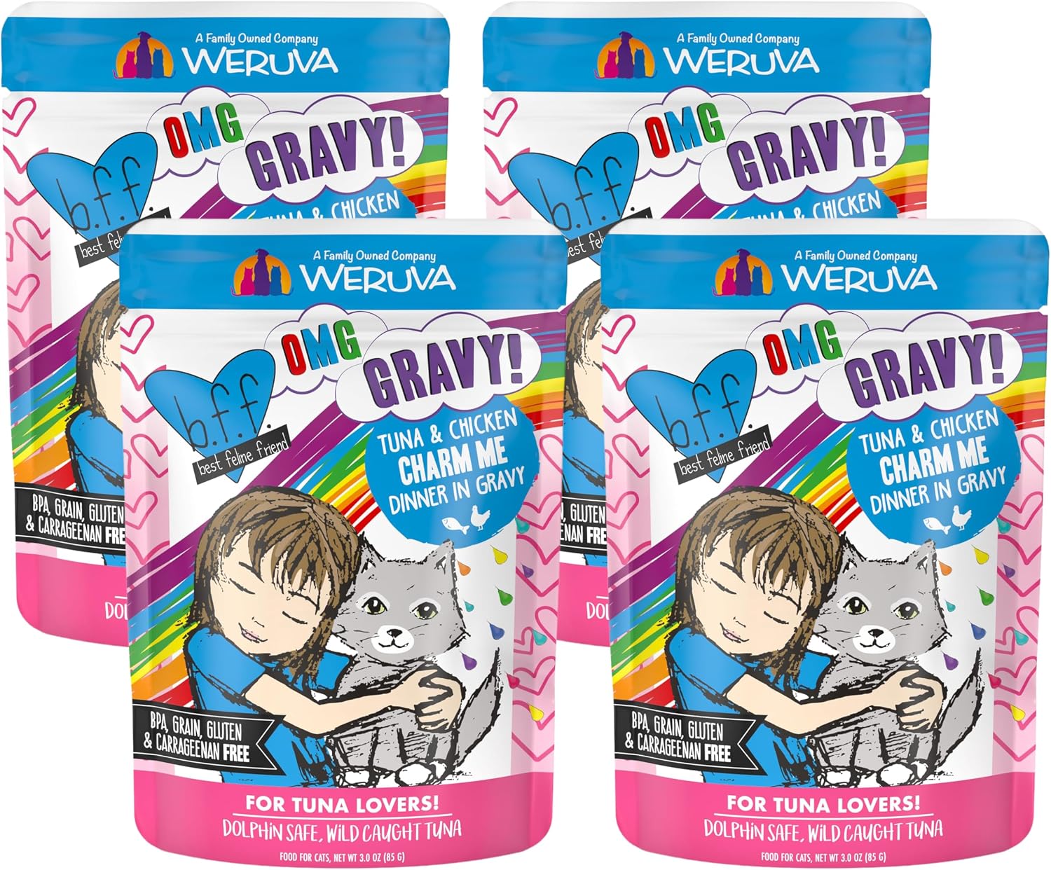 Weruva B.F.F. OMG - Best Feline Friend Oh My Gravy!, Tuna & Salmon Sweet Cheeks with Tuna & Salmon in Gravy Cat Food, 3oz Pouch (Pack of 12)
