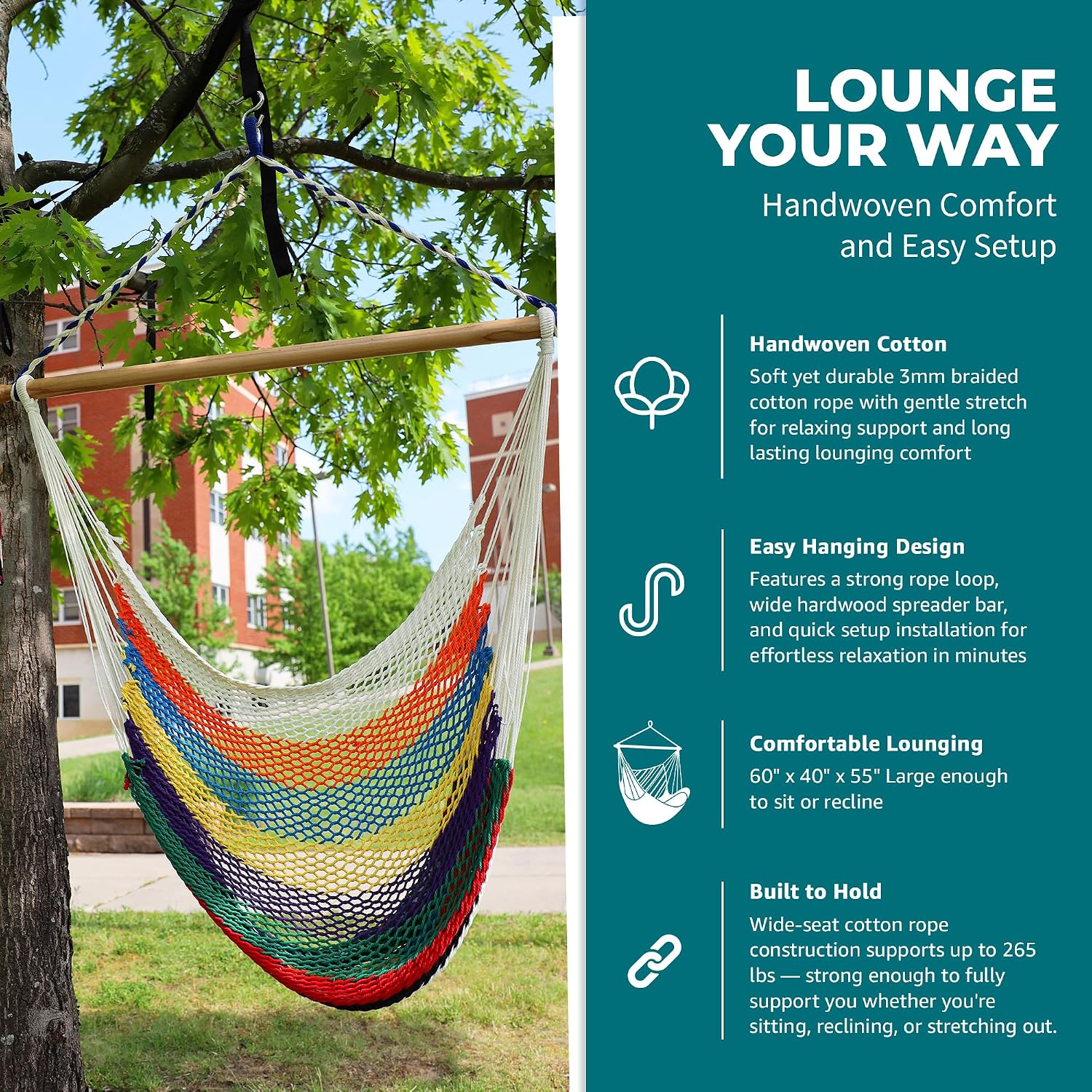 Bliss Hammocks BHC-412NT Island Rope Hammock Chair, Eco Friendly & Hand Woven, Varnish Coated 40 Inch Wood Spreader, Easy to Hang w/Included Hanging Kit, Supports up to 265 pounds, Natural Rope