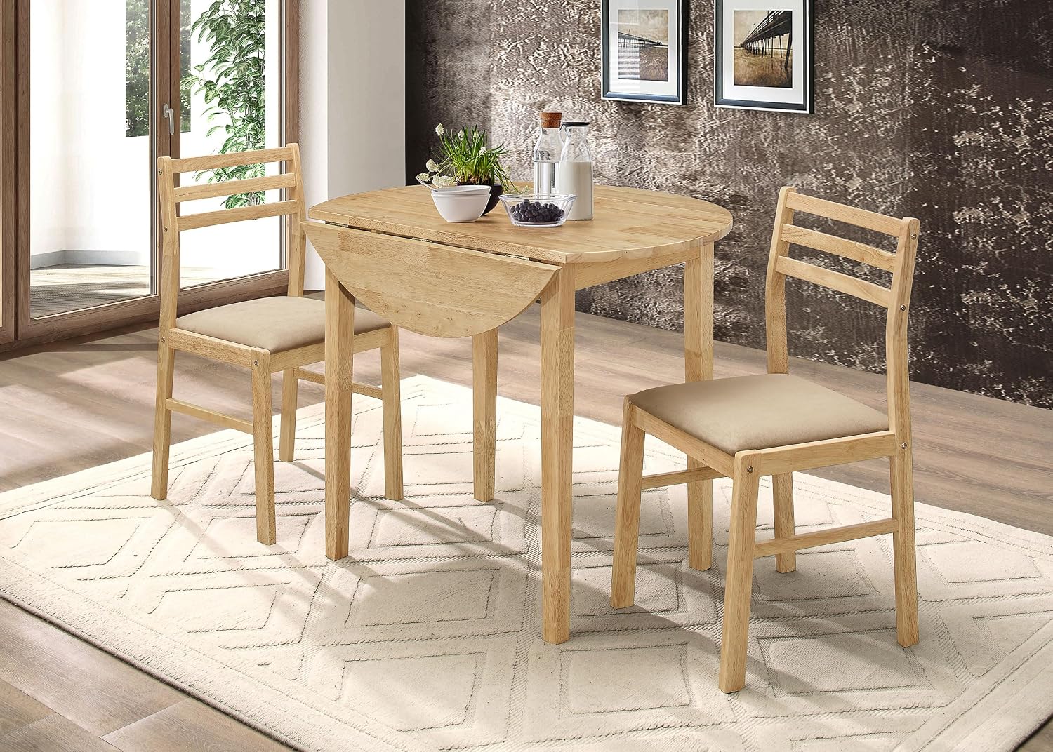 Coaster Home Furnishings 3-Piece Round Wood Dining Room Set Drop Leaf Extension Table Ladder Back Side Chairs Upholstered Seat Cushions Beige and