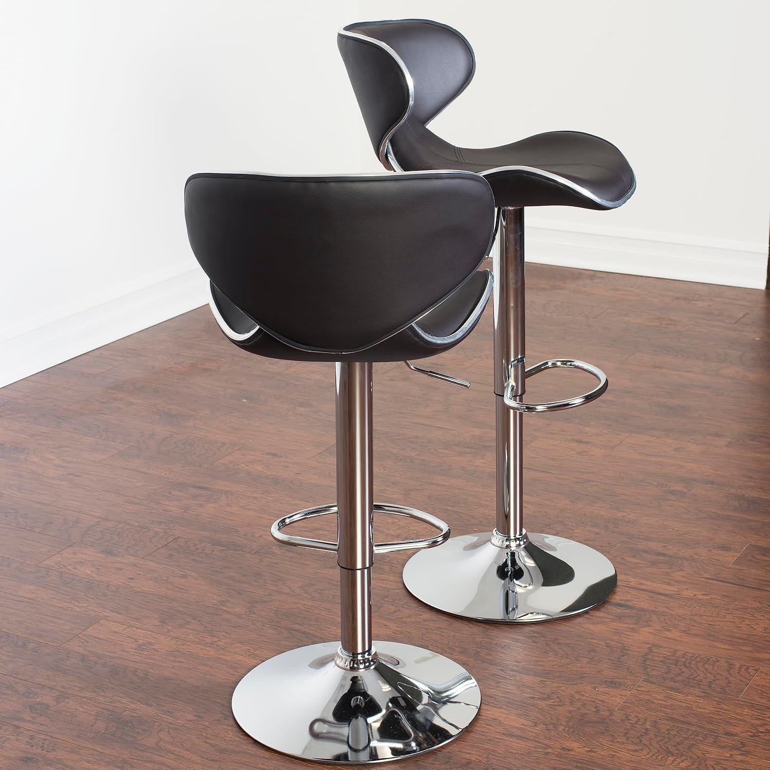 Roundhill Furniture Masaccio Cushioned Leatherette Upholstery Airlift Adjustable Swivel Barstool with Chrome Base, Set of 2, Blue
