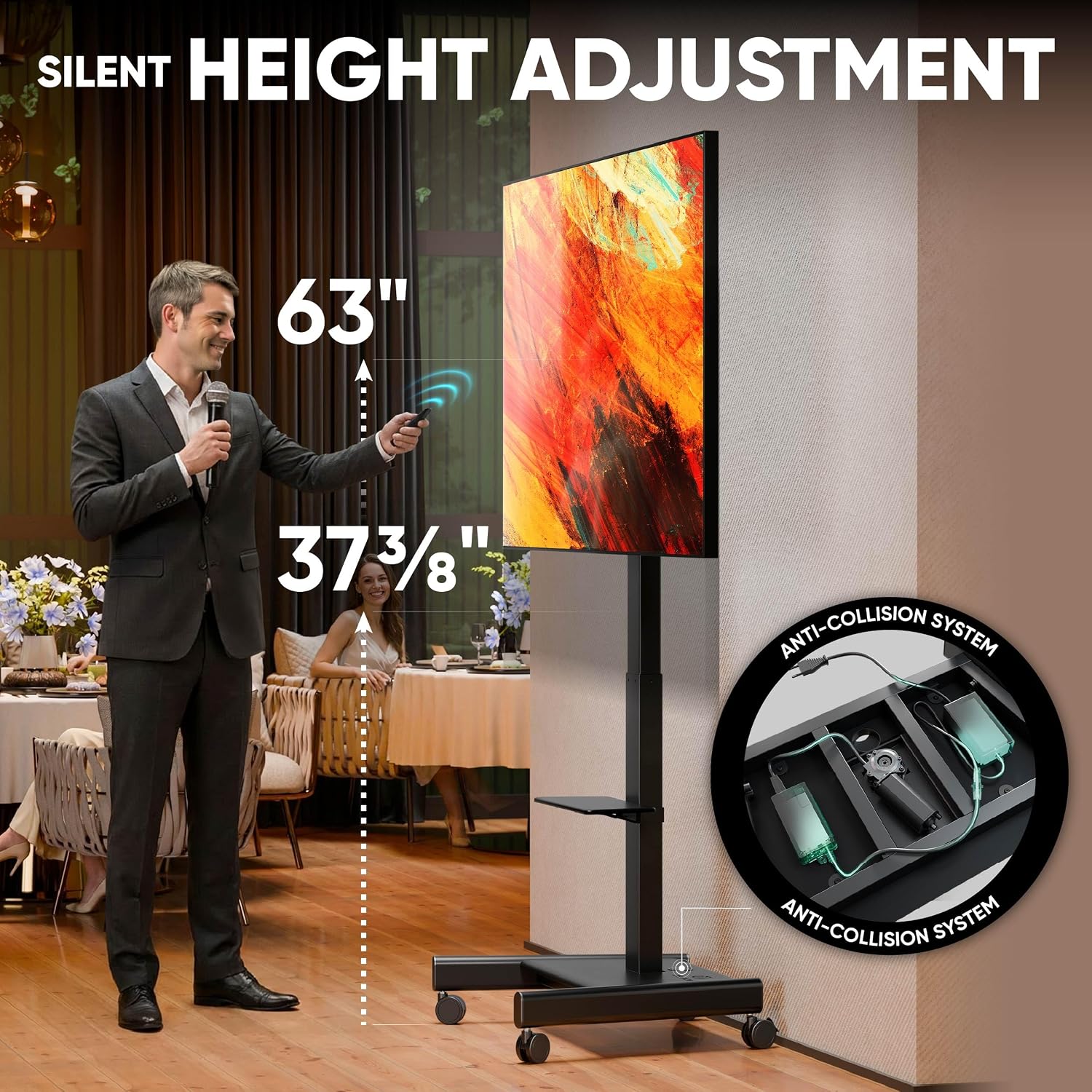 ONKRON Motorized TV Stand 43-75", up to 143.3 lbs, max VESA 600x400, Black | Electric TV lift height adjustable 37.4"-63", remote control, tilt