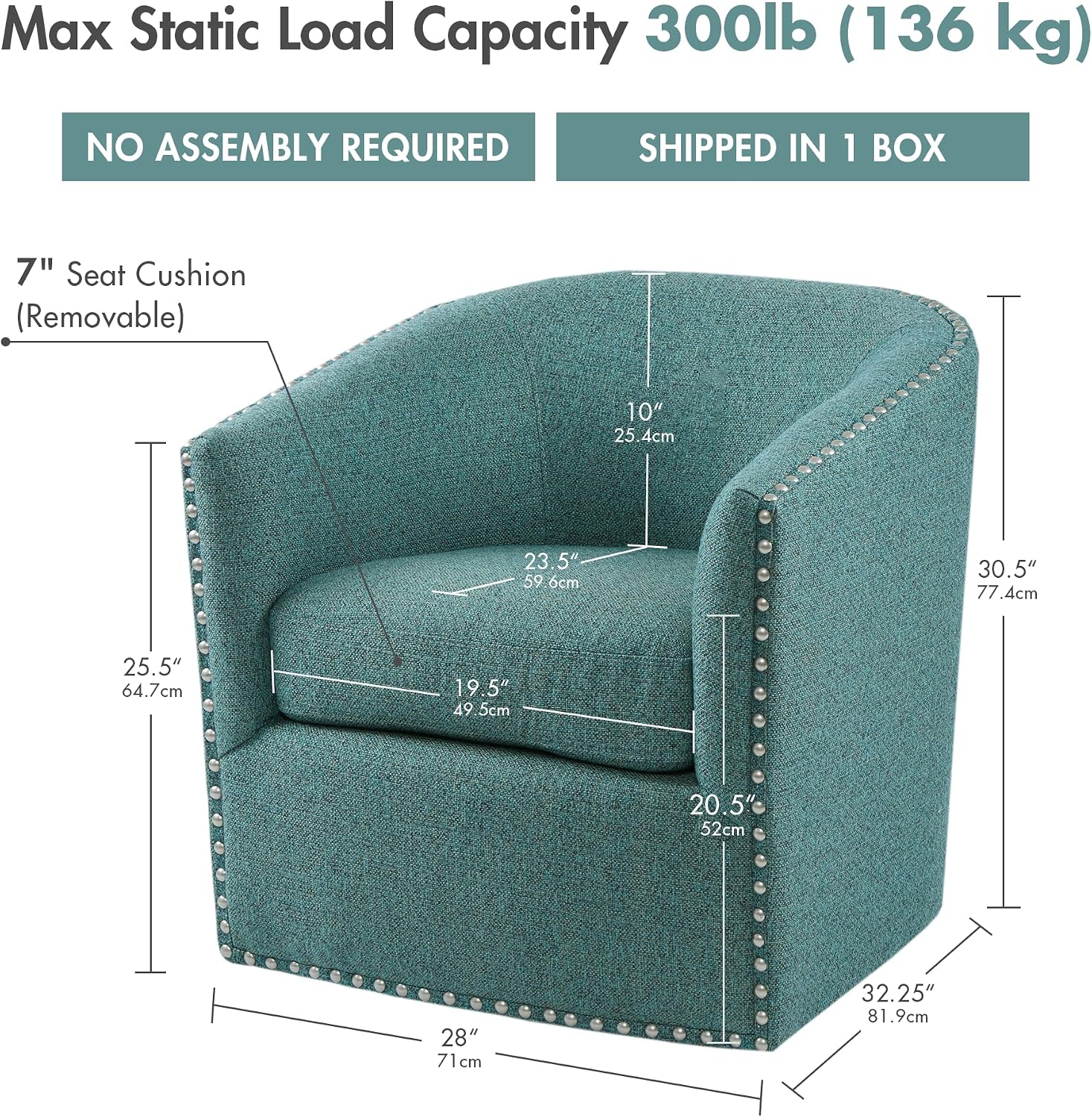 Madison Park Swivel Barrel Accent Chair, Upholstered Curved Back with 7-Inch Thick Woven Cushion, 360° Swivel, Nailhead Trim, Comfy Chair for Living Room, Bedroom, Office, 28" Wide, Neutral, Tyler