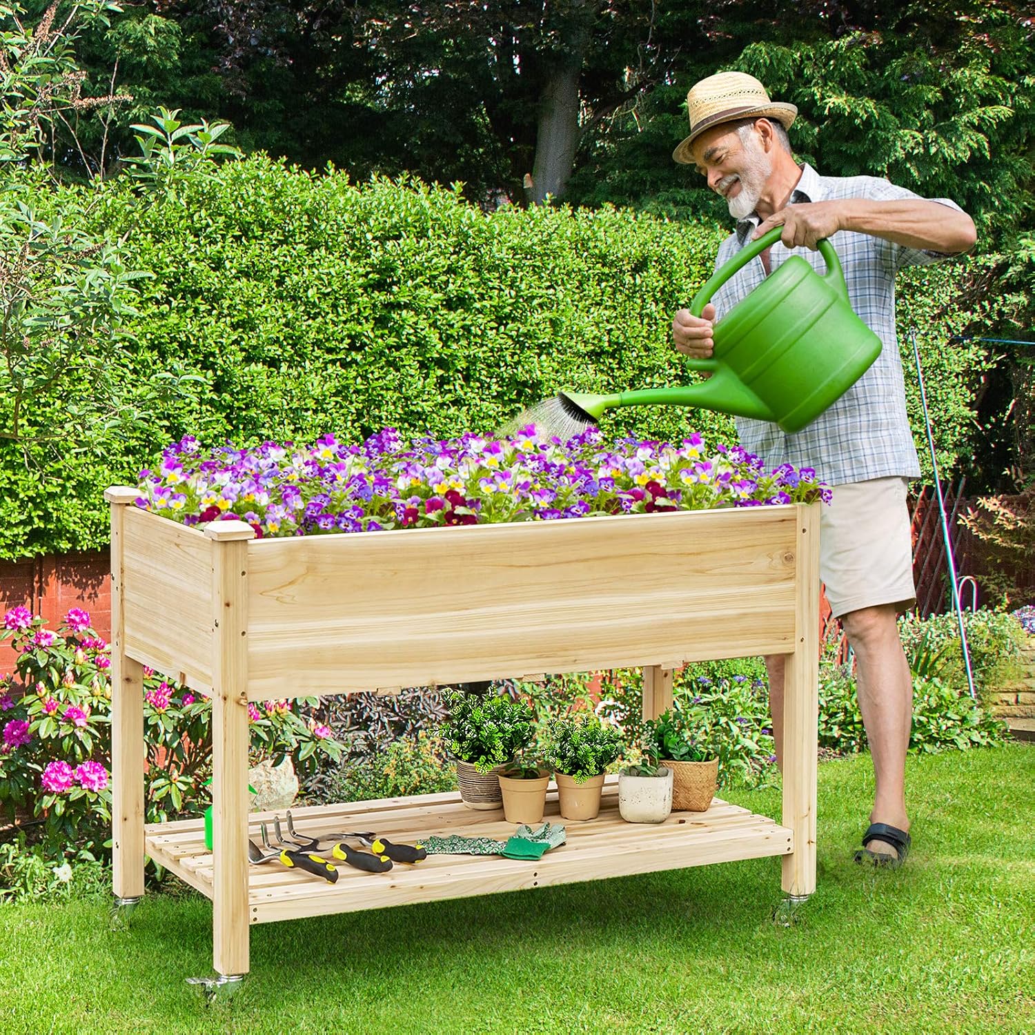 GIANTEX Raised Garden Bed on Wheels, Wood Planter Box with Legs, Liner, Drain Holes, Elevated Garden Bed for Vegetables