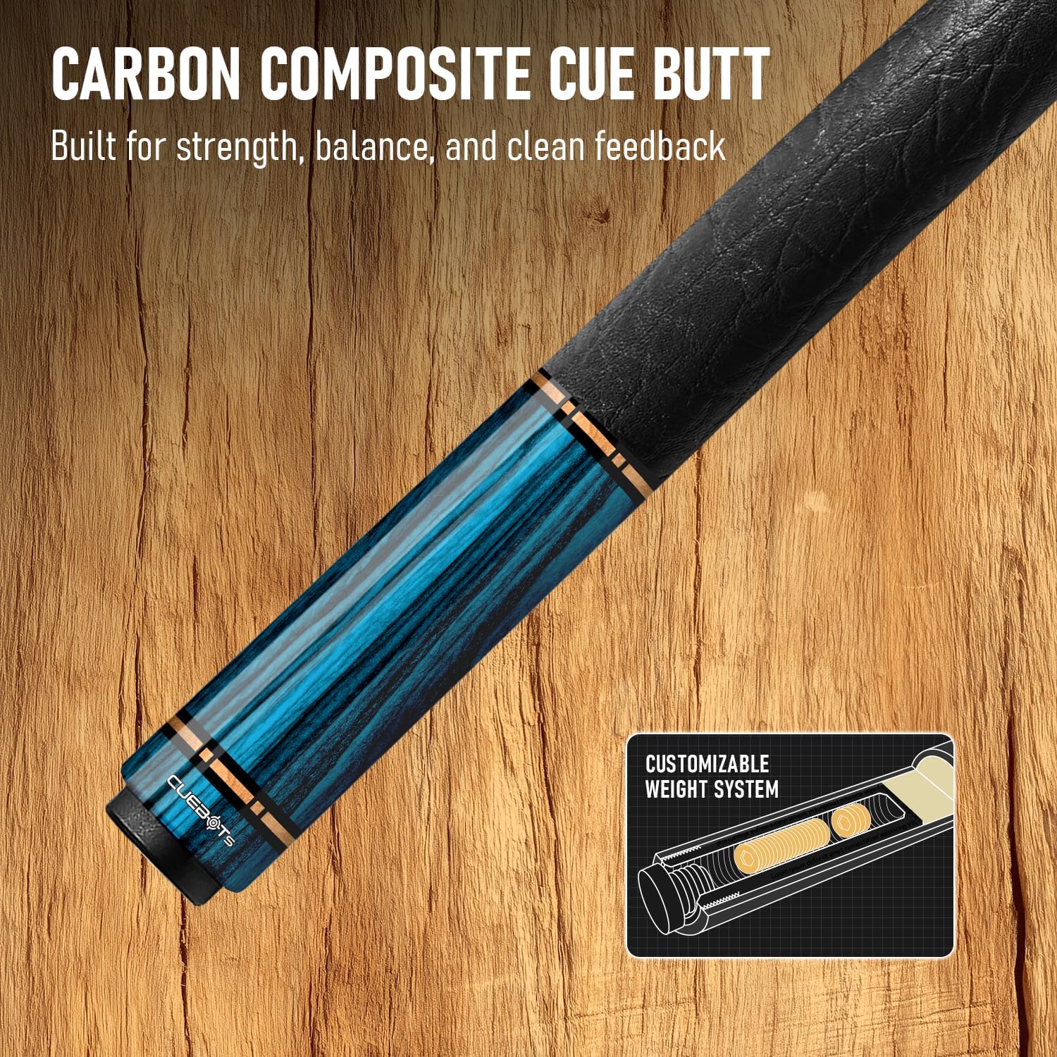 CUEBOTS Glass Fiber Cue, Glass Fiber House Cue Stick, Club Cue, Cue for Beginners, Durable Uni-QR, 3/8-10, 5/16-18 Joint, Long Lasting Glassfiber Shaft, 7-Layer Microfiber Tip