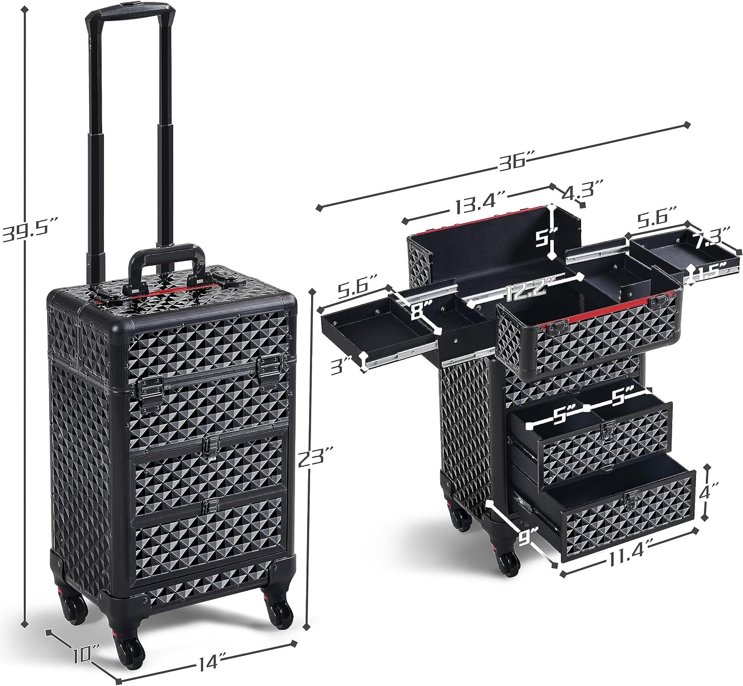 Yaheetech Rolling Makeup Train Case with 2 Drawers Nail Cart Beauty Trolley