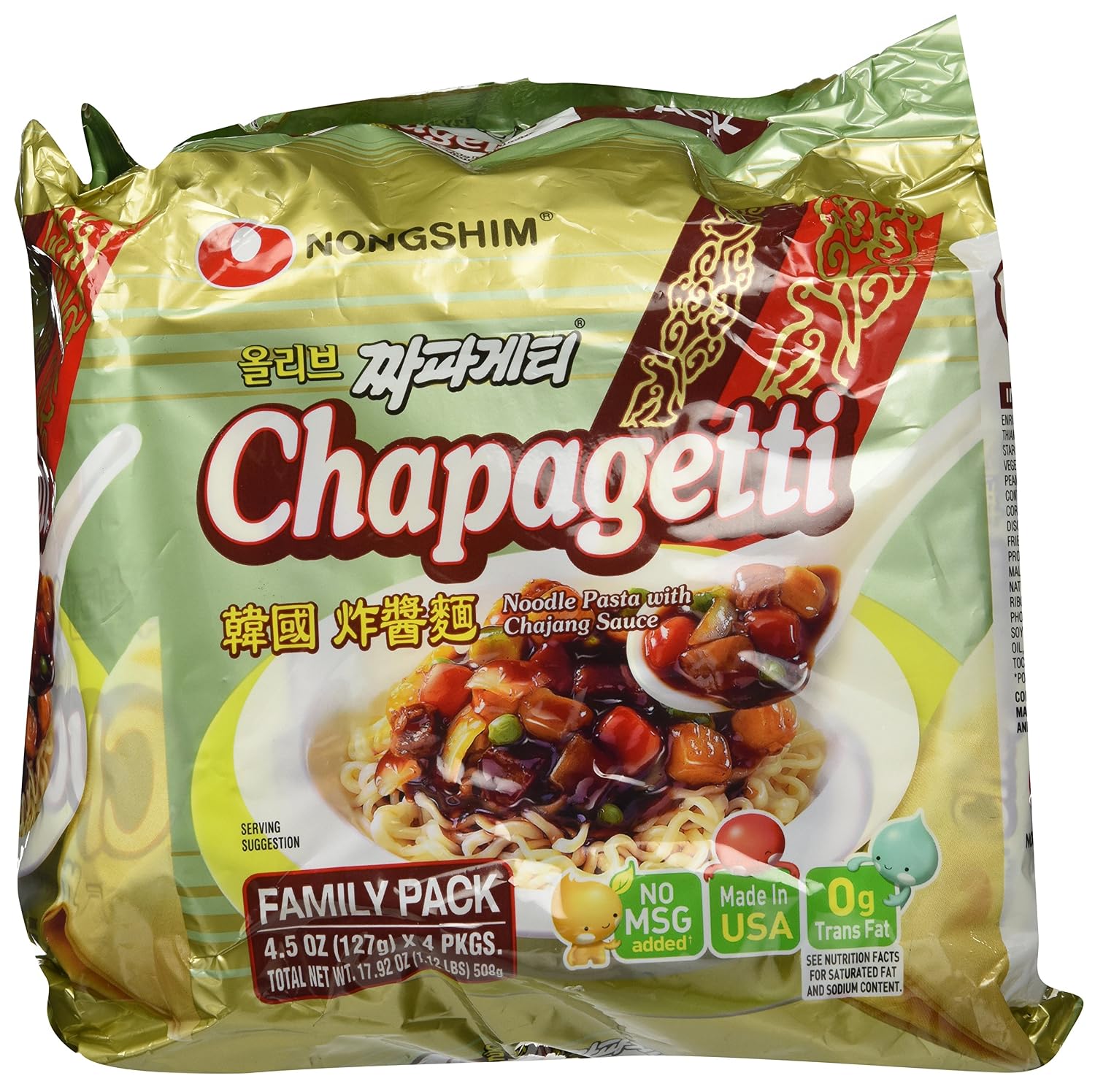 Nongshim Ramen Noodles, Gourmet Instant Ramen, Premium Microwavable Noodle, Chapagetti, 4.5 Ounce (Pack of 4)