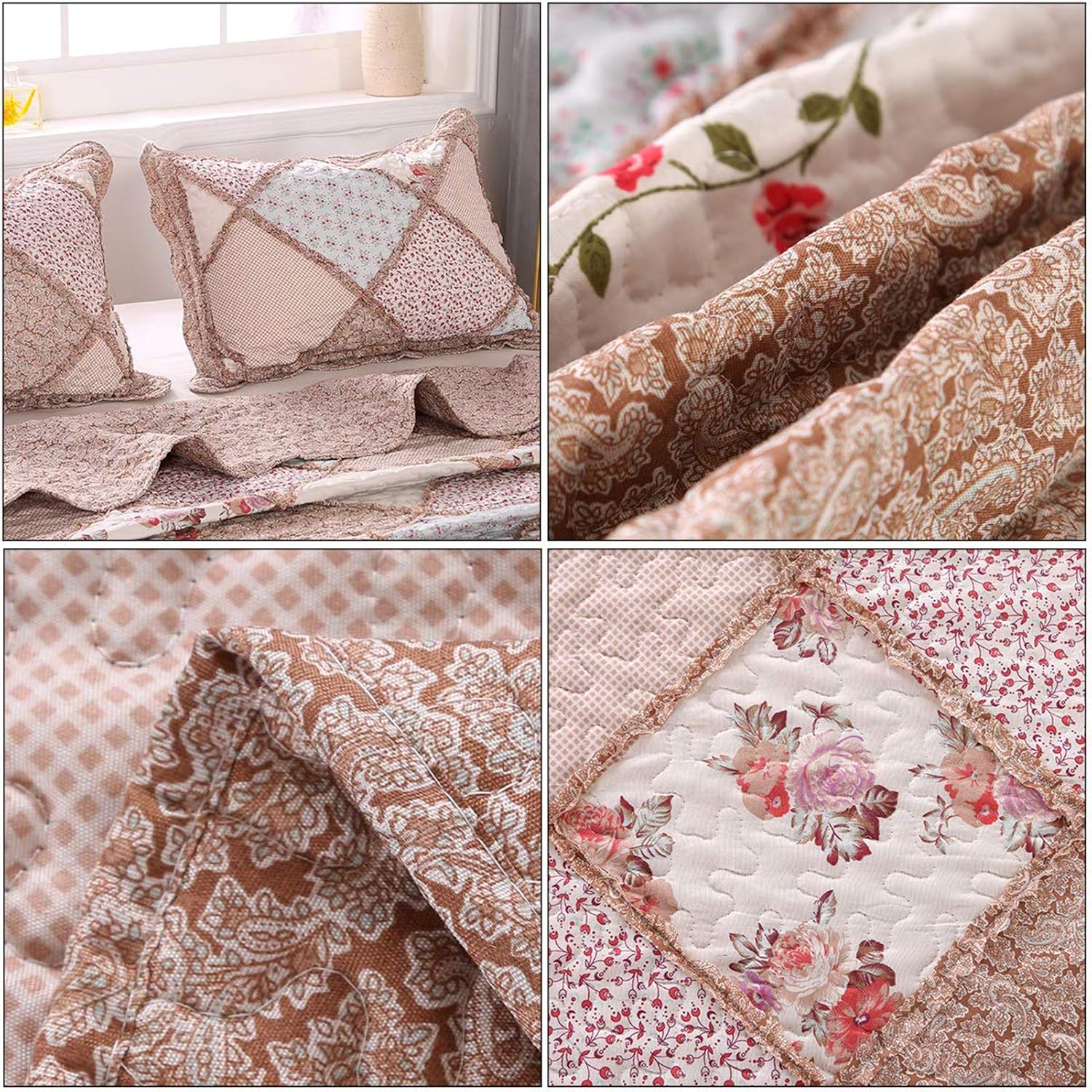 VIVILINEN Blue Floral Patchwork Quilt Set, Full Queen Size, 3 Piece Bedding Set with 2 Pillowcases