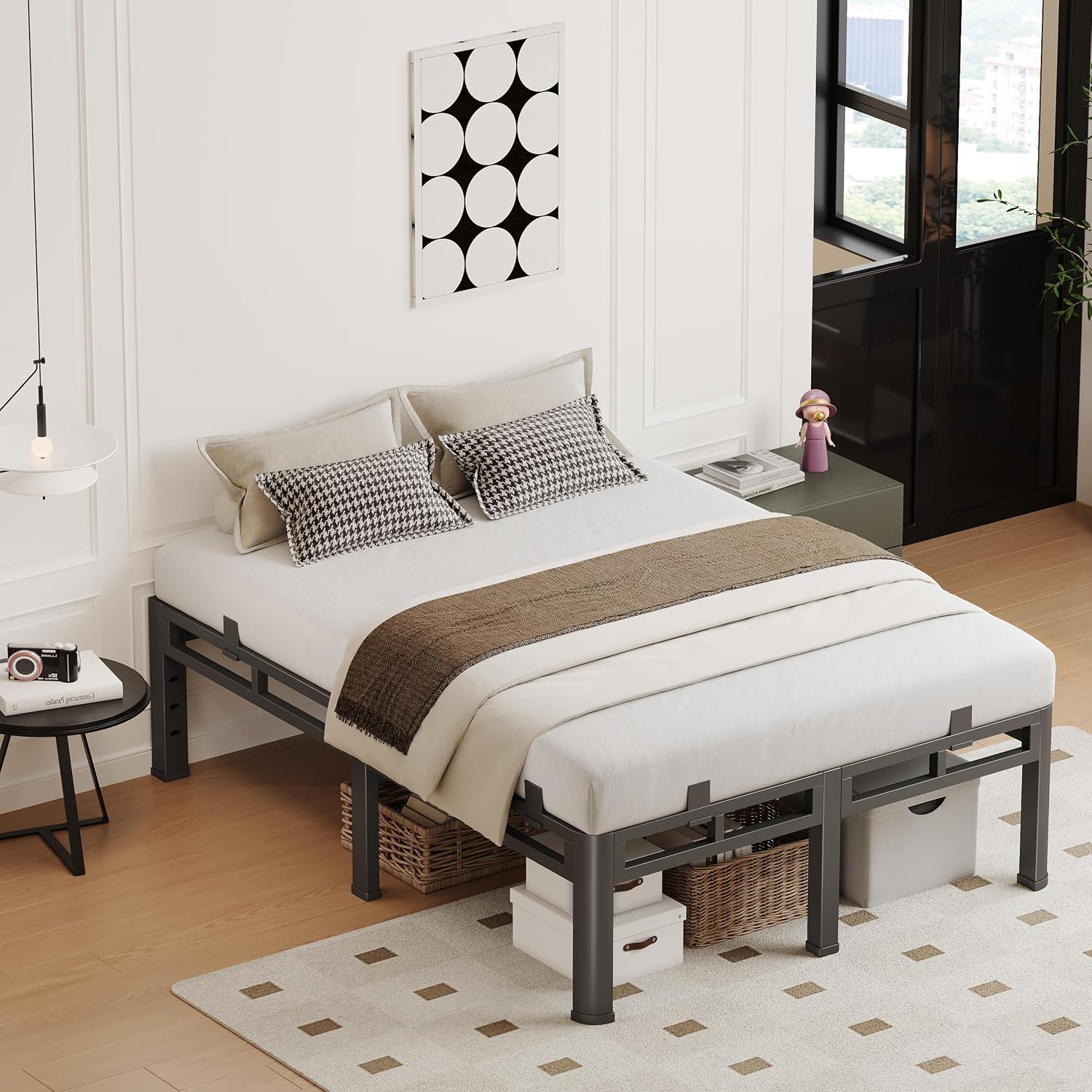 Full Size Bed Frame Metal,14 Inch Heavy Duty Double Layer Platform Black | Easy Assembly,Noise Free,4000lbs Capacity,6 Mattress Stoppers,Round Corner Legs,Headboard Holes,Anti-Slip Rubber Foot Pads