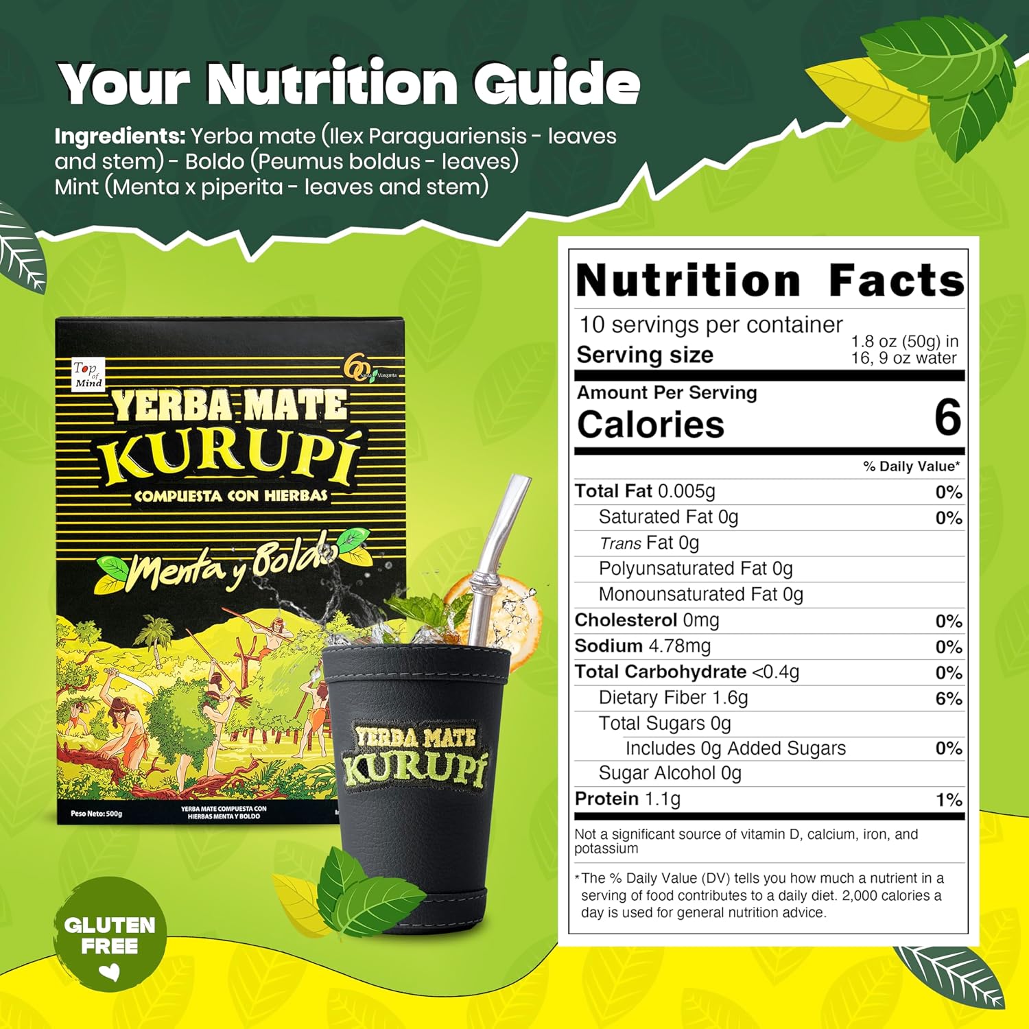 Kurupi Yerba Mate with Mint & Boldo 500 g (1.1 lb) | Paraguayan Herbal Loose Leaf Blend | Refreshing Natural Mate Tea with Mint & Boldo Leaves