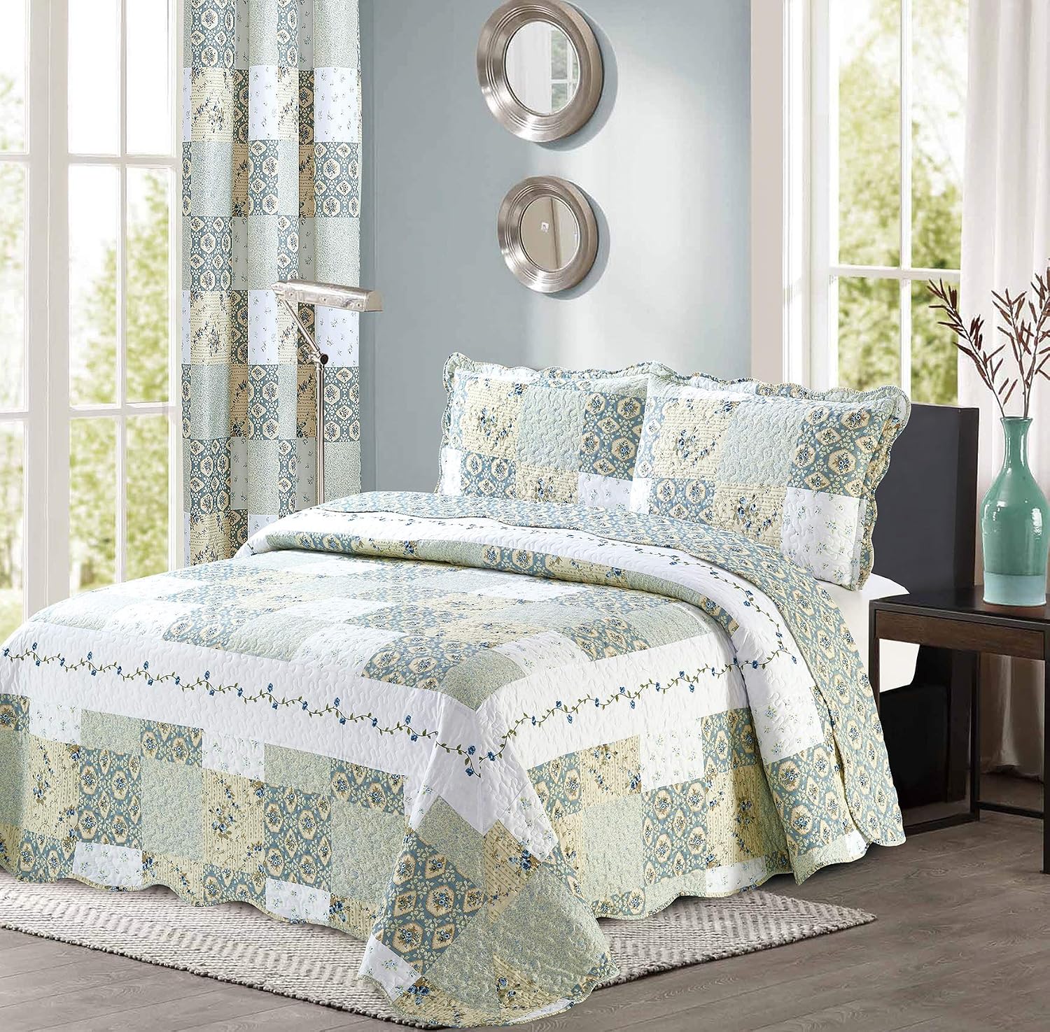 New Reversible 3pc Floral Printed Patchwork Blue/Green Bedspread/Quilt Set Matching Curtains Available (King/Cal King Size)