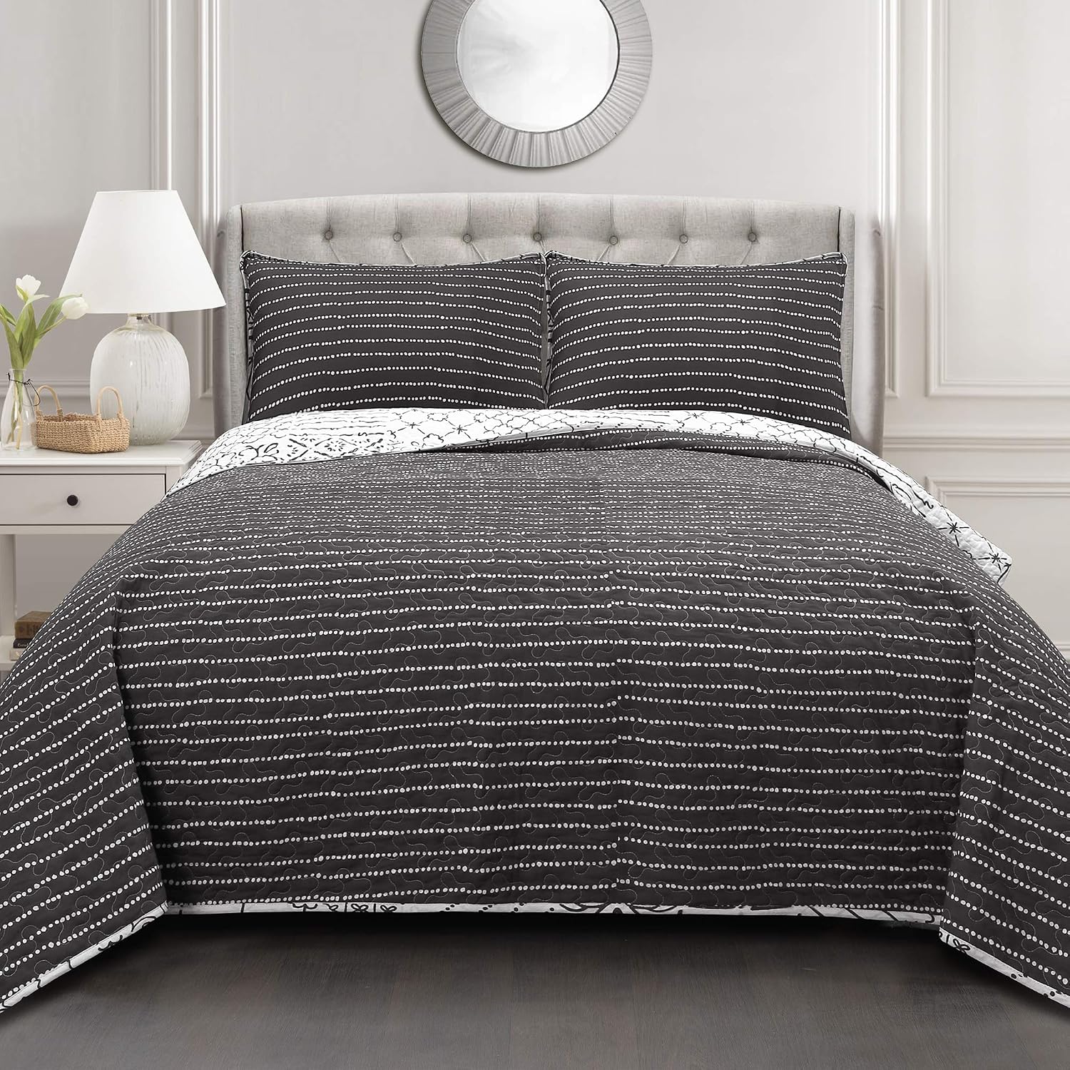Lush Decor Monique 3 Piece Reversible Print Pattern Blue Quilt Set - Full Queen
