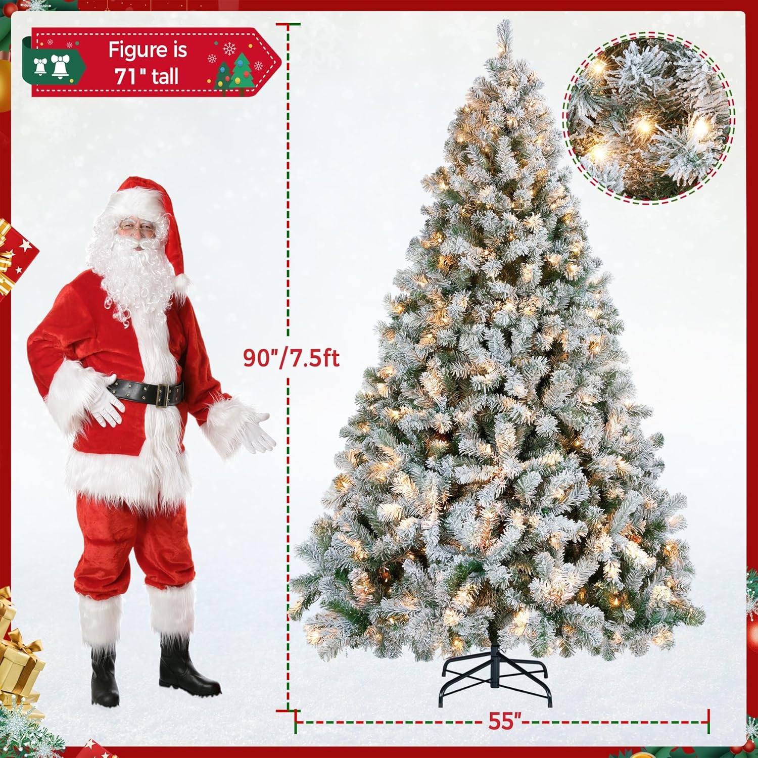 Yaheetech 7.5ft Pre-Lit Snow Flocked Artificial Christmas Tree, 550 Lights
