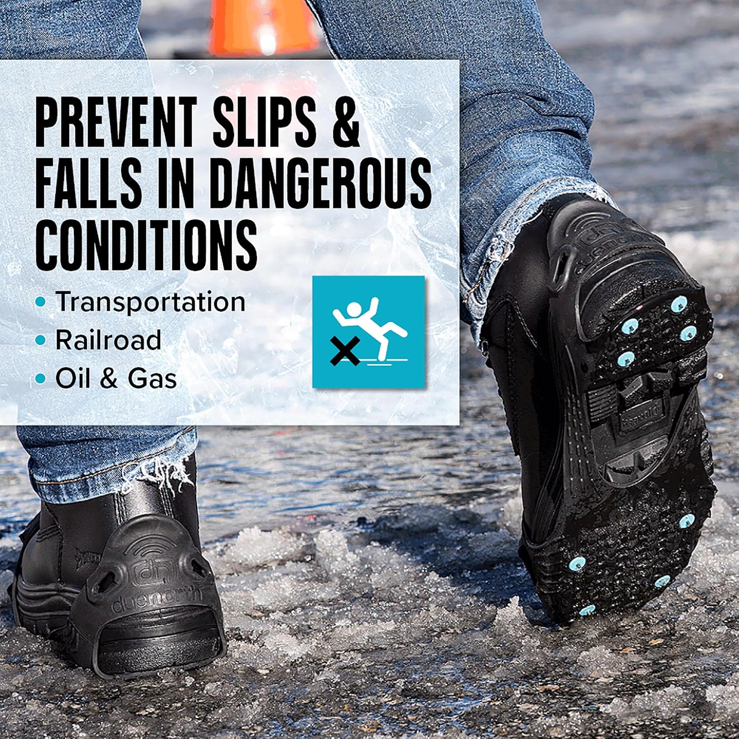 Due North All Purpose Industrial Ice Cleats for Men & Women - Traction Aids for Walking & Working on Snow/Ice - 16 Spikes