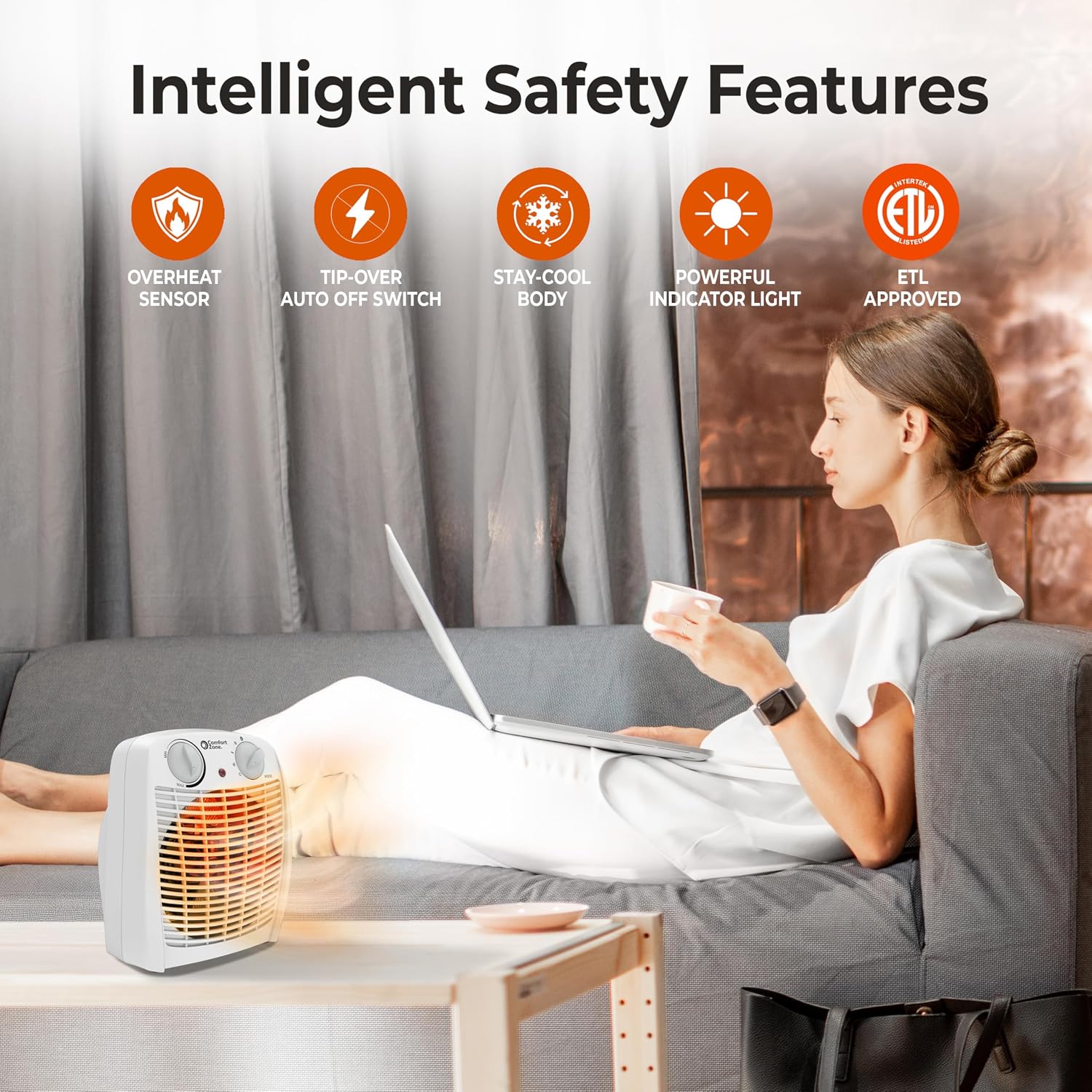 Comfort Zone Indoor Space Heater with Adjustable Thermostat, Fan Forced, Electric, Overheat Protection, Safety Tip-Over Switch, Energy Efficient