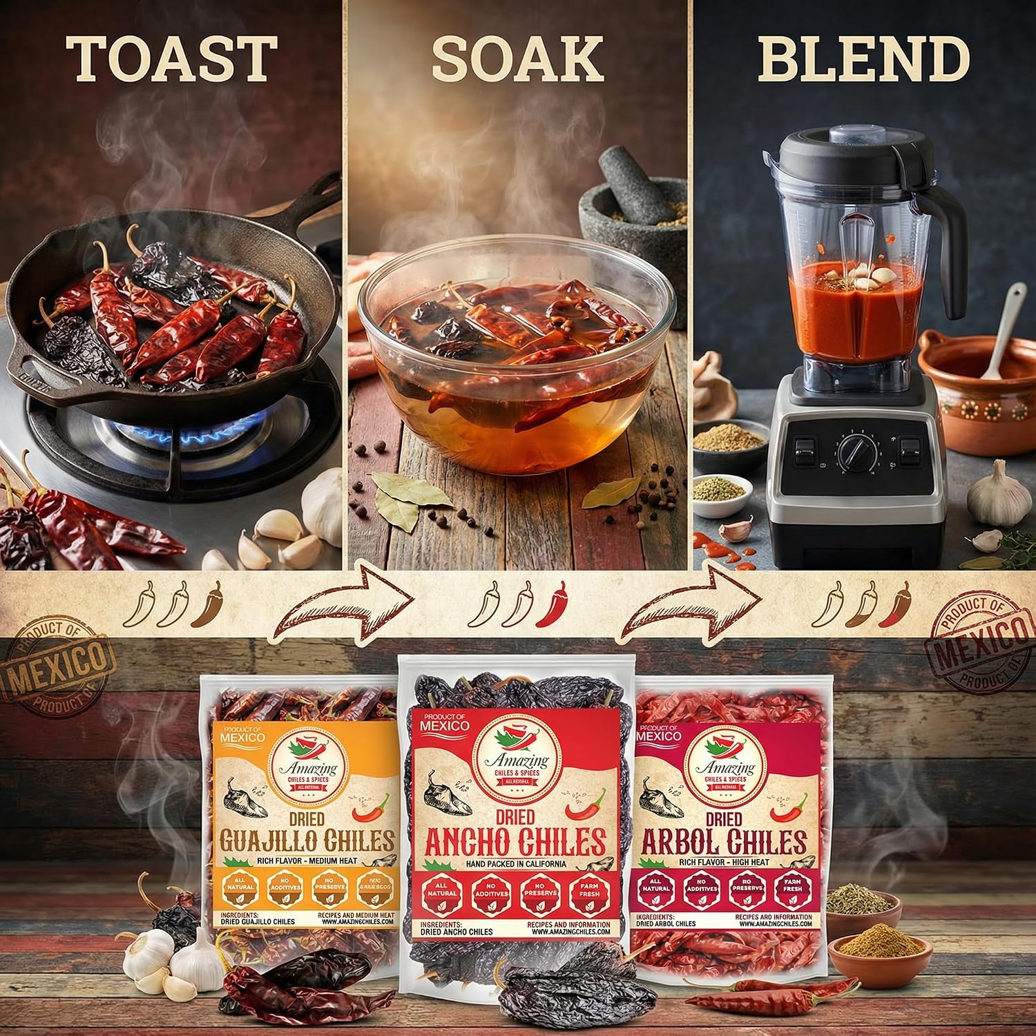 Dried Chile Peppers Variety Pack 3x4oz Ancho Arbol Guajillo Mexican Chili