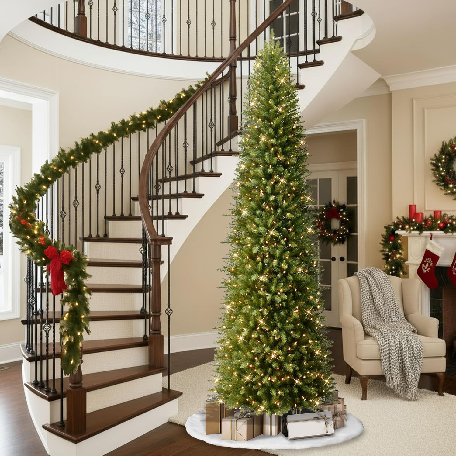 Puleo International 7.5ft Pre-Lit Fraser Fir Pencil Christmas Tree with 350 Clear Lights, 1188 Realistic Dense Branch Tips, Easy Setup Artificial Trees with Sturdy Metal Stand