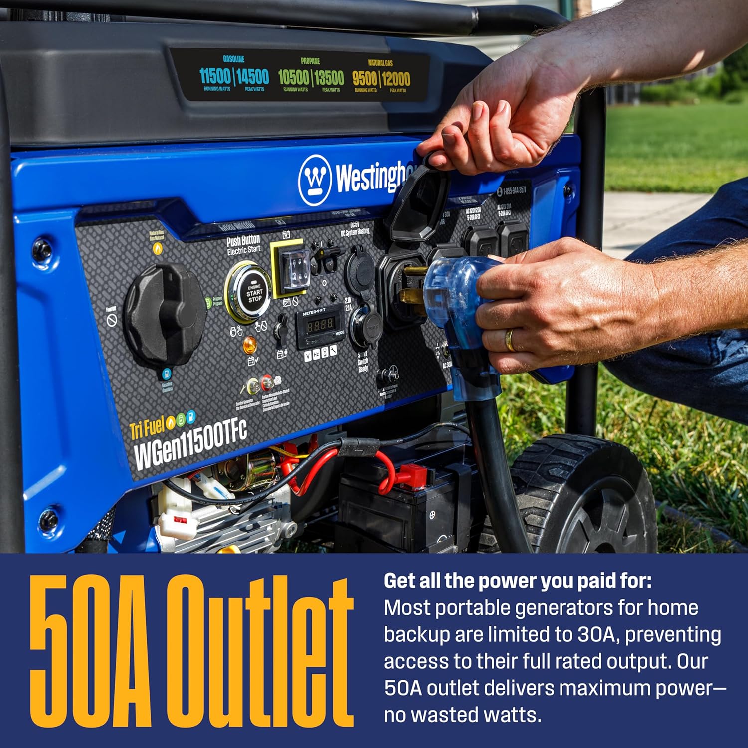 Westinghouse 14500 Peak Watt Tri-Fuel Home Backup Portable Generator, Remote Electric Start, Transfer Switch Ready, Gas, Propane