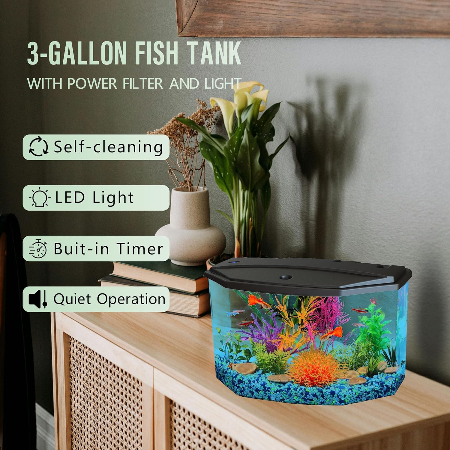Koller Products Plastic 3-Gallon Aquarium Starter Kit with 4 Colors LED Lighting and Complete Filtration, Ideal for a Variety of Tropical Fish