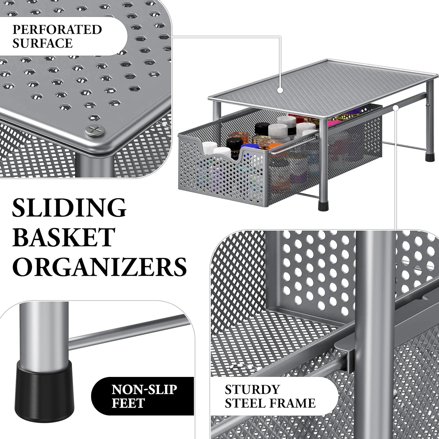 Simple Houseware Stackable 3 Tier Sliding Basket Organizer Drawer, Silver