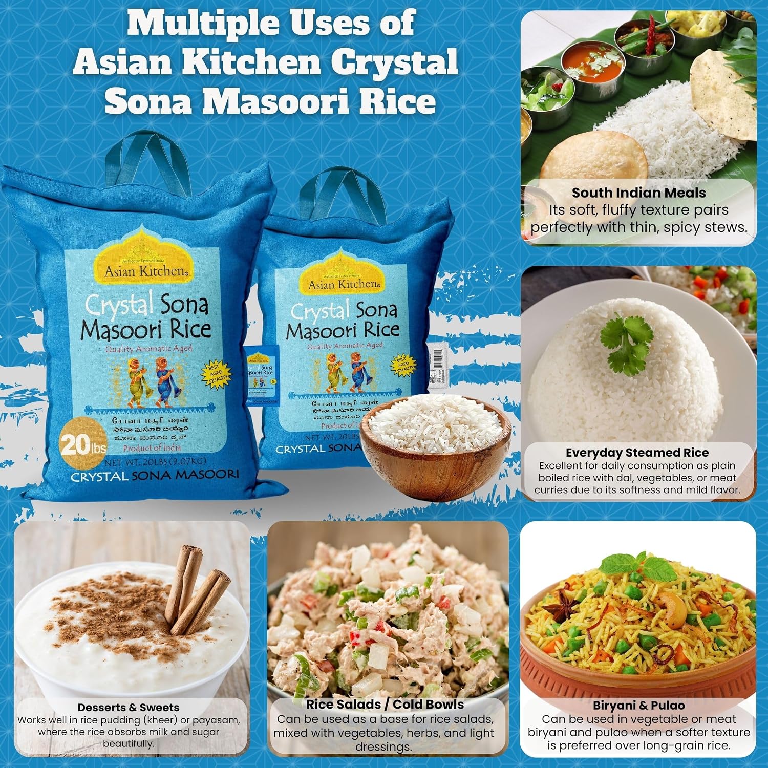 Asian Kitchen White Sona Masoori Aged Rice 20-Pound Bag, 20lbs (9.08kg) Short Grain Rice ~ All Natural | Gluten Friendly | Vegan | Kosher | Indian Origin | Export Quality