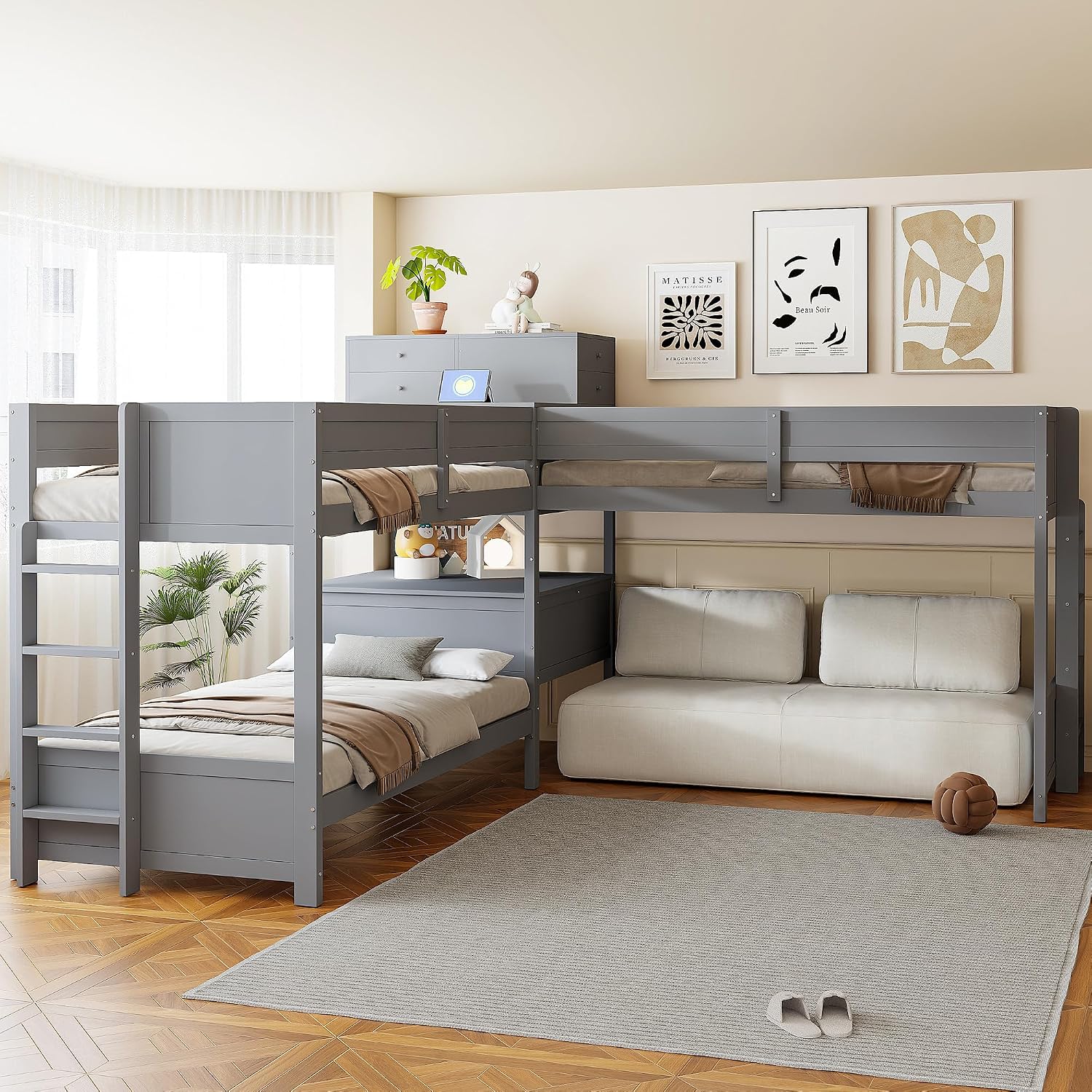 Harper & Bright Designs Twin L-Shaped Bunk Bed with Trundle, Can be Divided into Two L-Shaped Beds, No Spring Box Needed (Grey)