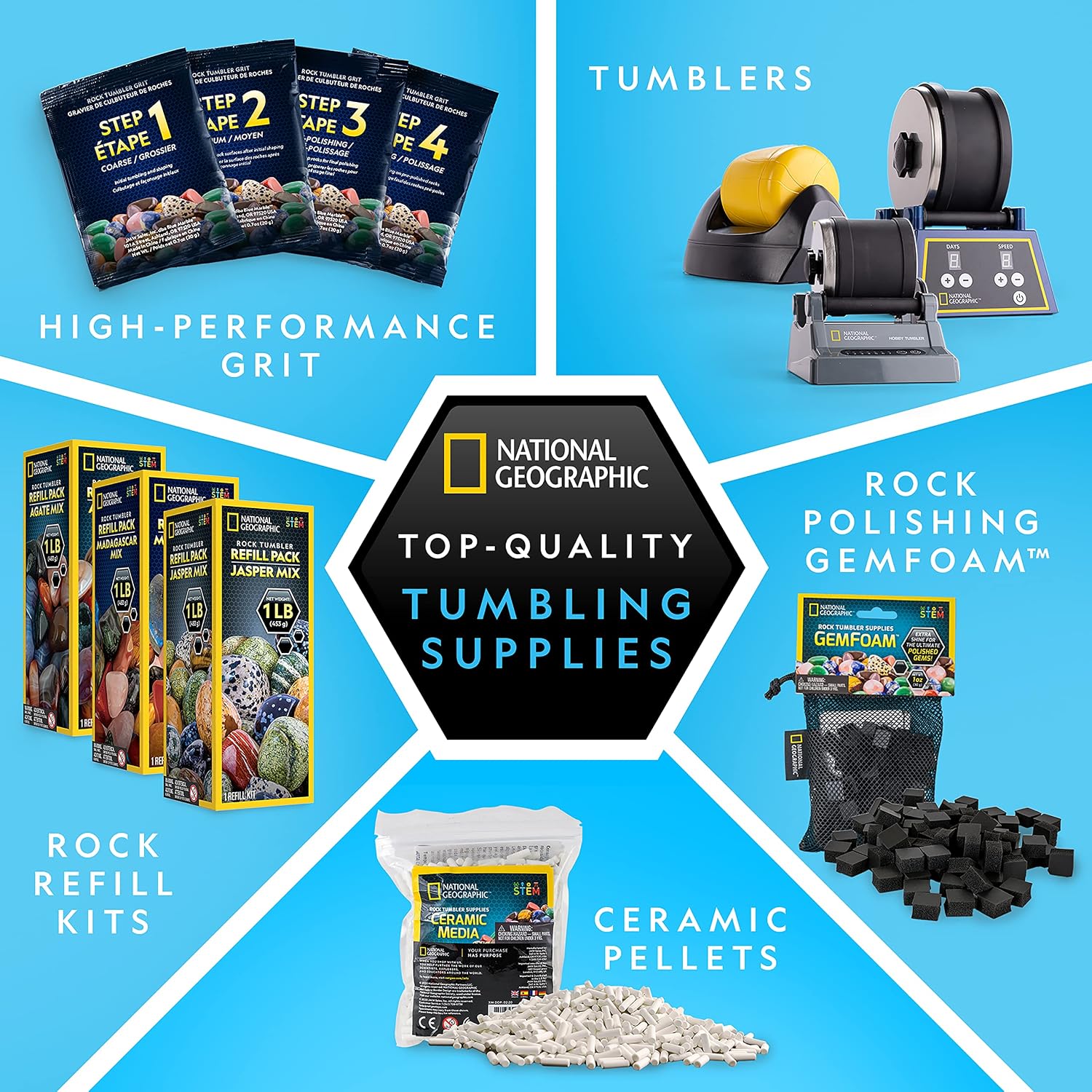 National Geographic Rock Tumbler Refill Kit with 3 Lbs. Rough Gems | 3 Lbs. Rough Gemstones, Amethyst and Quartz, 4-Stage Grit, Jewelry Accessories, Rock Polishing Supplies