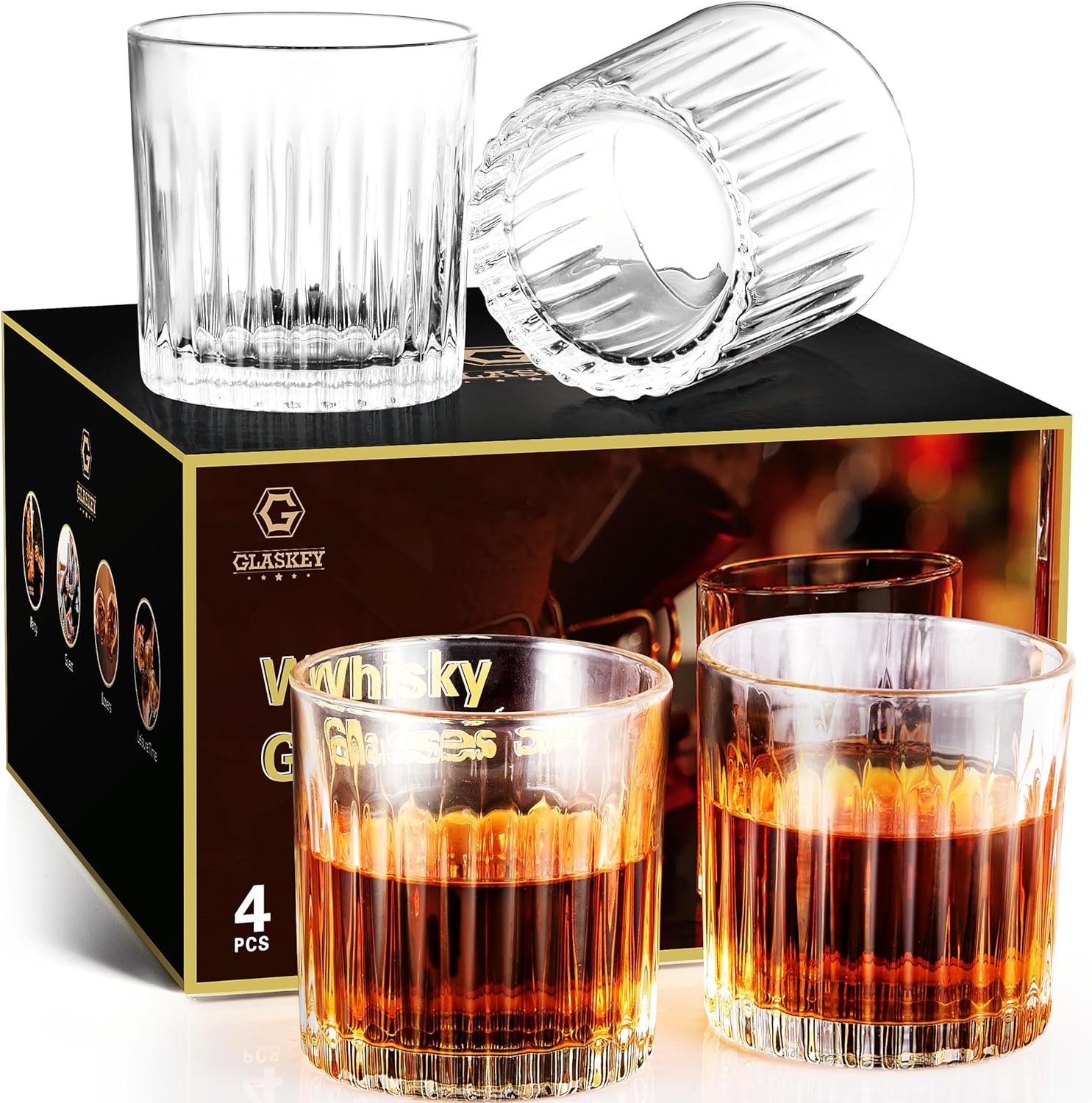 GLASKEY 12 oz Storm Japanese Whiskey Glasses Set of 4, Unique Cognac Glasses, Heavy Thick Bottom Bar Glass for Scotch Bourbon Rum Gin Water Cocktail,Gifts Men Gifts Ideas