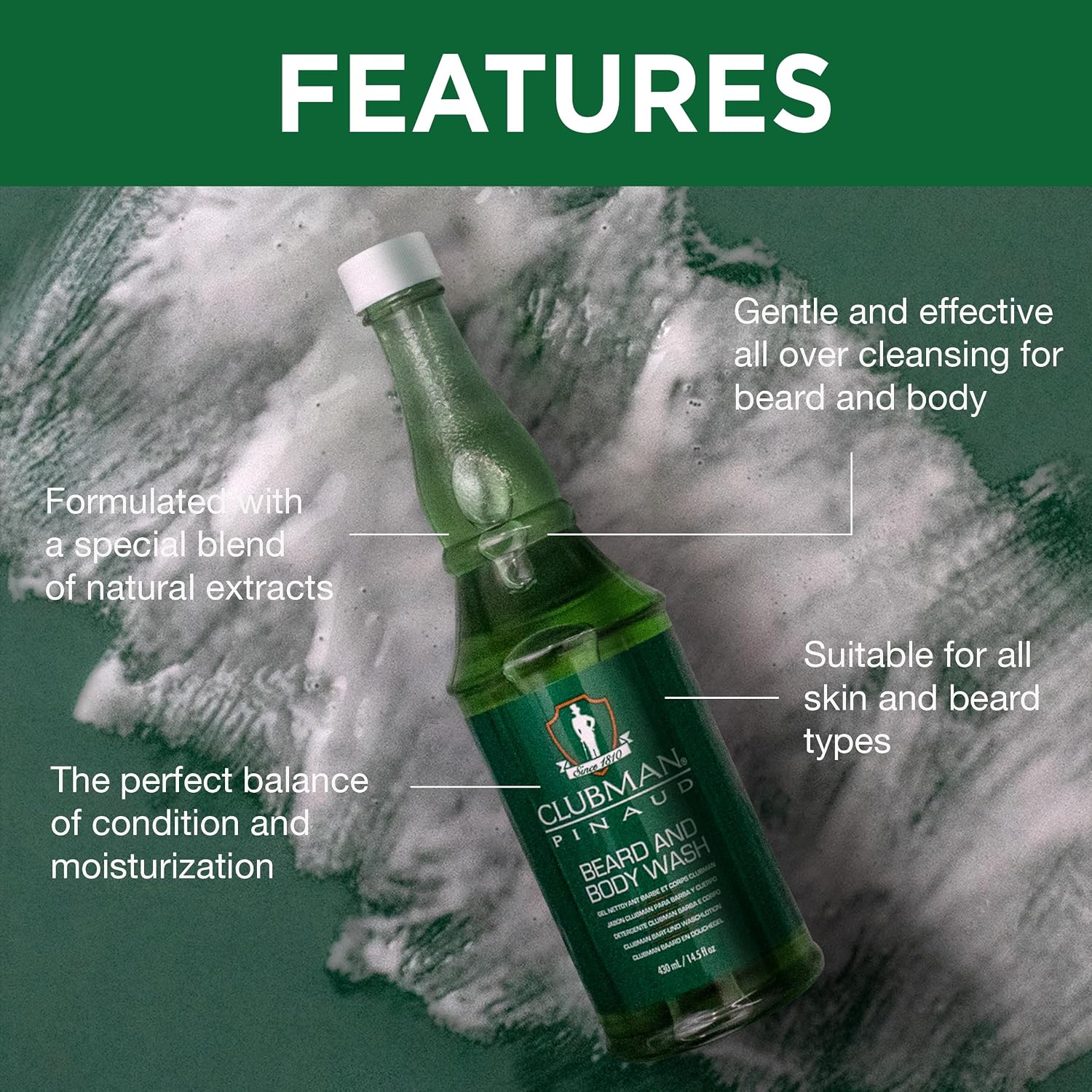 Clubman Pinaud Beard and Body Wash – Dual-Purpose Cleanser, Cleanses & Softens Beards Hair and Skin, Moisturizing Daily Grooming Formula, 14.5 fl oz