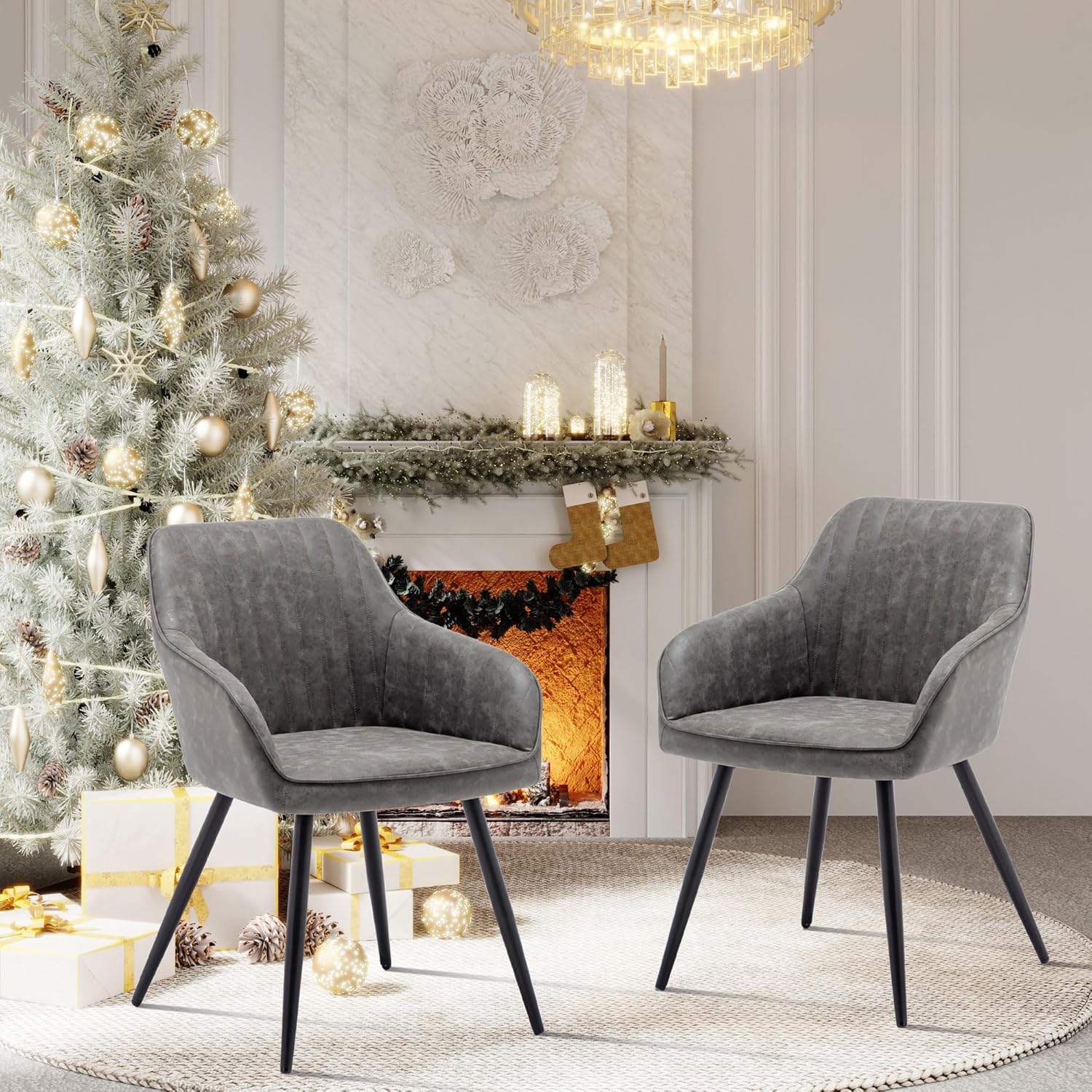 annjoe Faux Leather Accent Arm Chairs for Living Room Leisures/ Upholstered Chair with Metal Legs Set of 2 for Home Kitchen Office Bistro Cafe, Brown