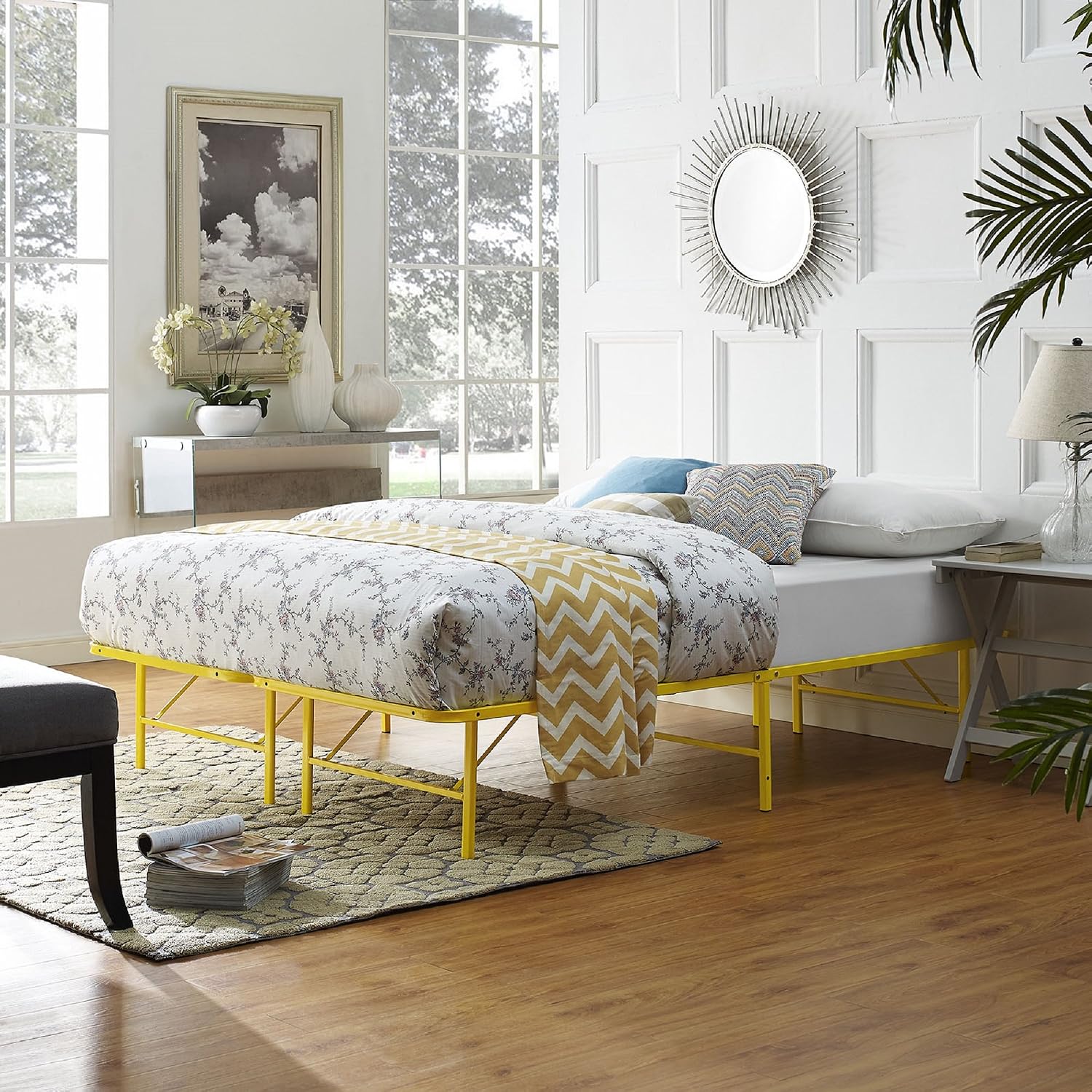 Modway Horizon Queen Bed Frame In Gray - Replaces Box Spring - Folding Metal Mattress Bed Frame