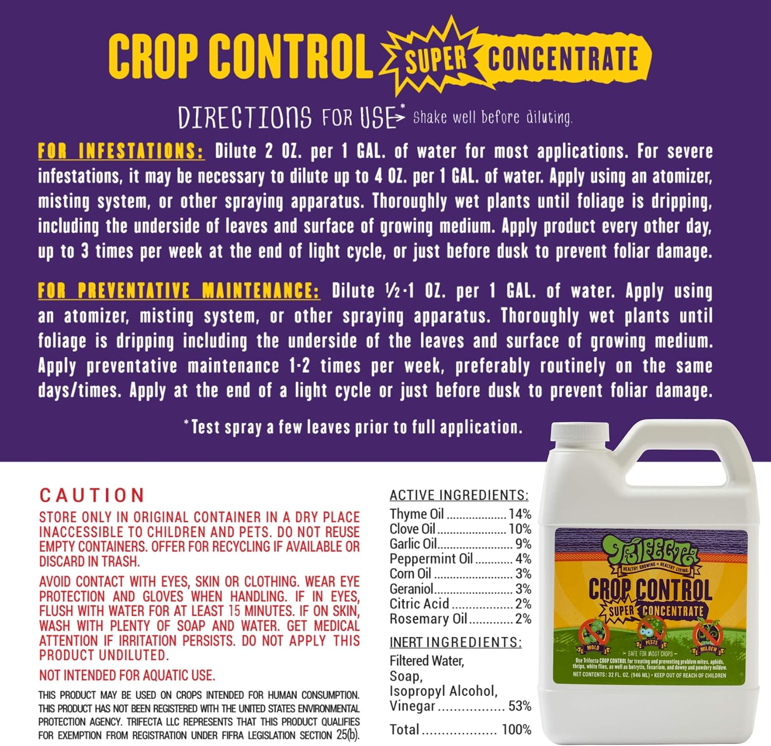 Trifecta Crop Control Super Concentrate | 4 oz | All-in-One Pesticide, Fungicide, Miticide And Insecticide | For Spider Mites, Mildew, Mold And Botrytis