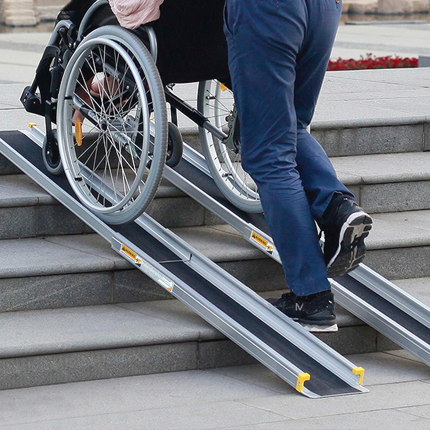 Goplus Wheelchair Ramp, Adjustable Portable Aluminum Ramps with Non-Skid Surface for Home Steps Stairs Doorways