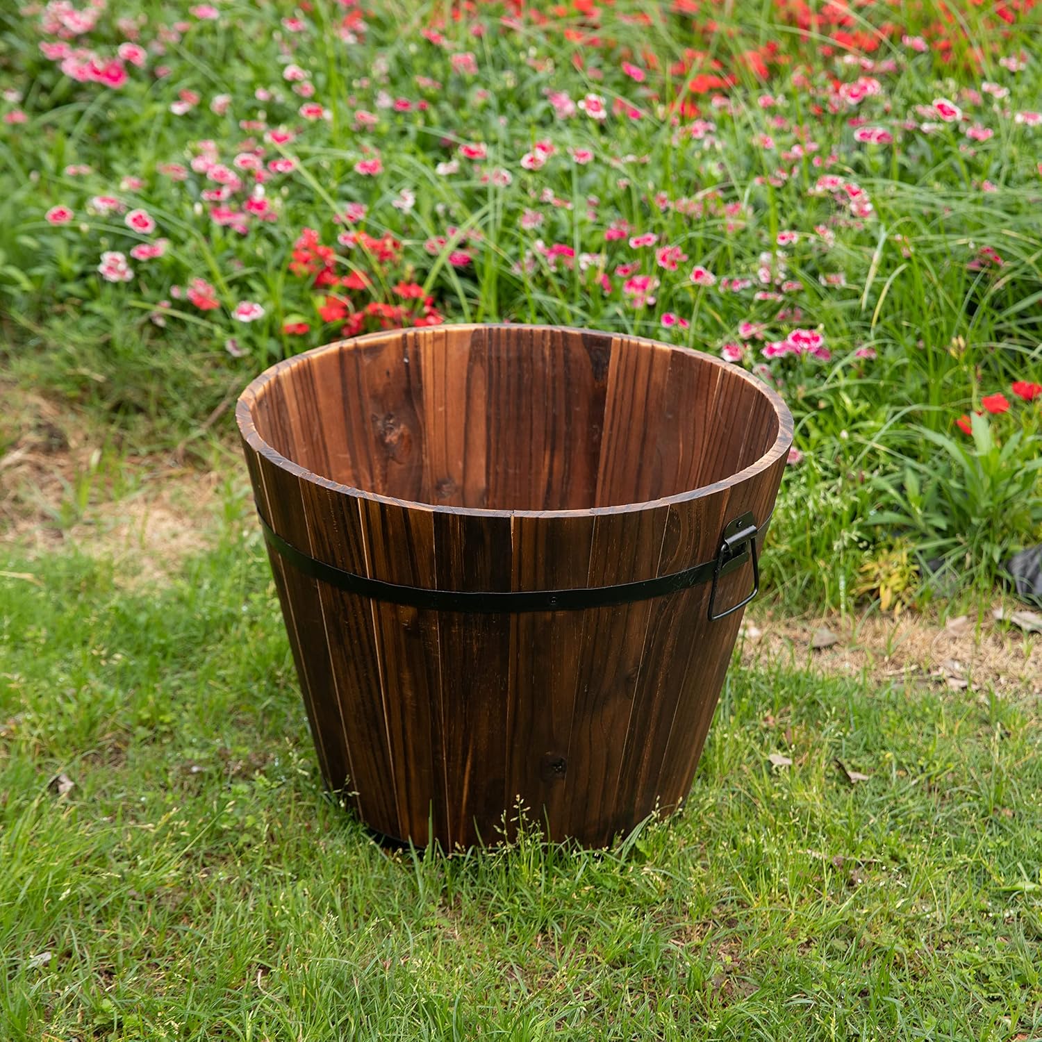 Rustic Wooden Whiskey Barrel Planter with Durable Medal Handles and Drainage Hole - Perfect for Indoor and Outdoor Plants, Herbs, and Vegetables - Medium