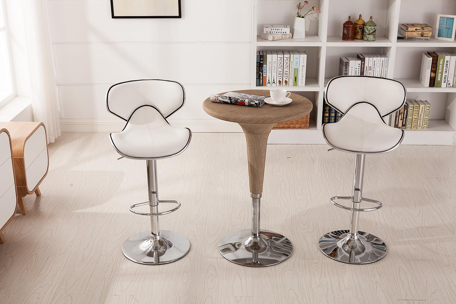 Roundhill Furniture Masaccio Cushioned Leatherette Upholstery Airlift Adjustable Swivel Barstool with Chrome Base, Set of 2, Blue