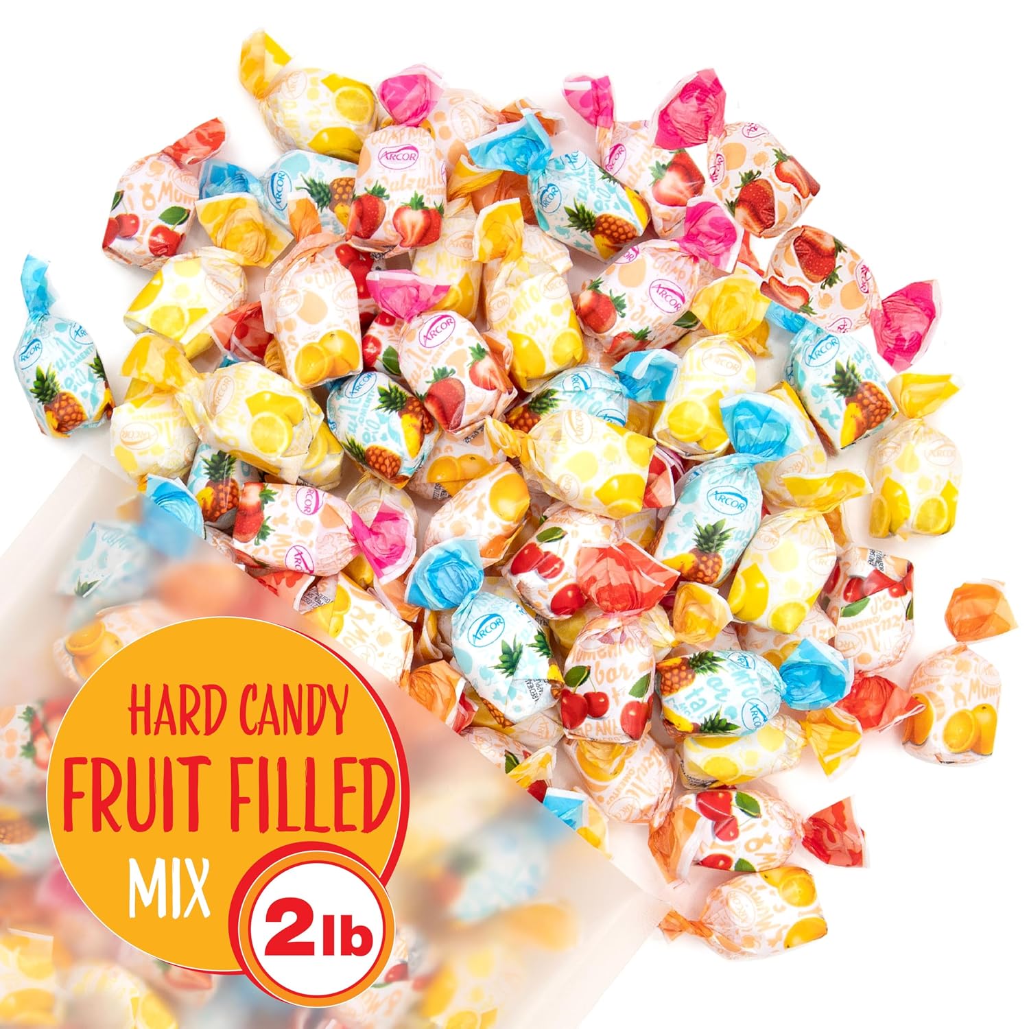 Arcor Fruit Filled Hard Candy, Bon Bons Candy, 2 Lb Bag | Hard Candy Individually Wrapped, Orange, Cherry, Lemon, Strawberry, Pineapple