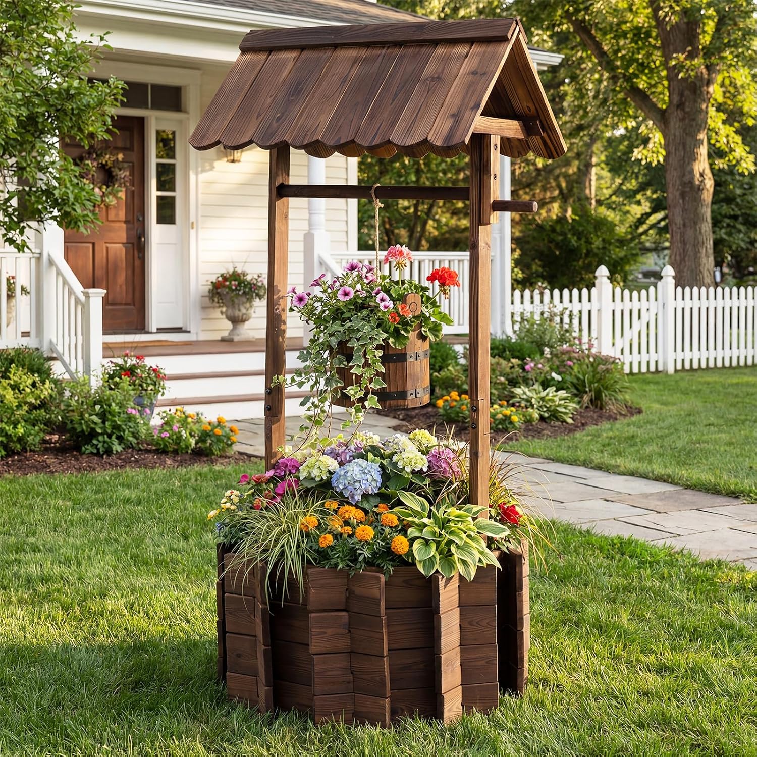 Giantex Wooden Wishing Well Planter with Hanging Bucket, Carbonized Fir Wood Outdoor Garden Planter for Flowers