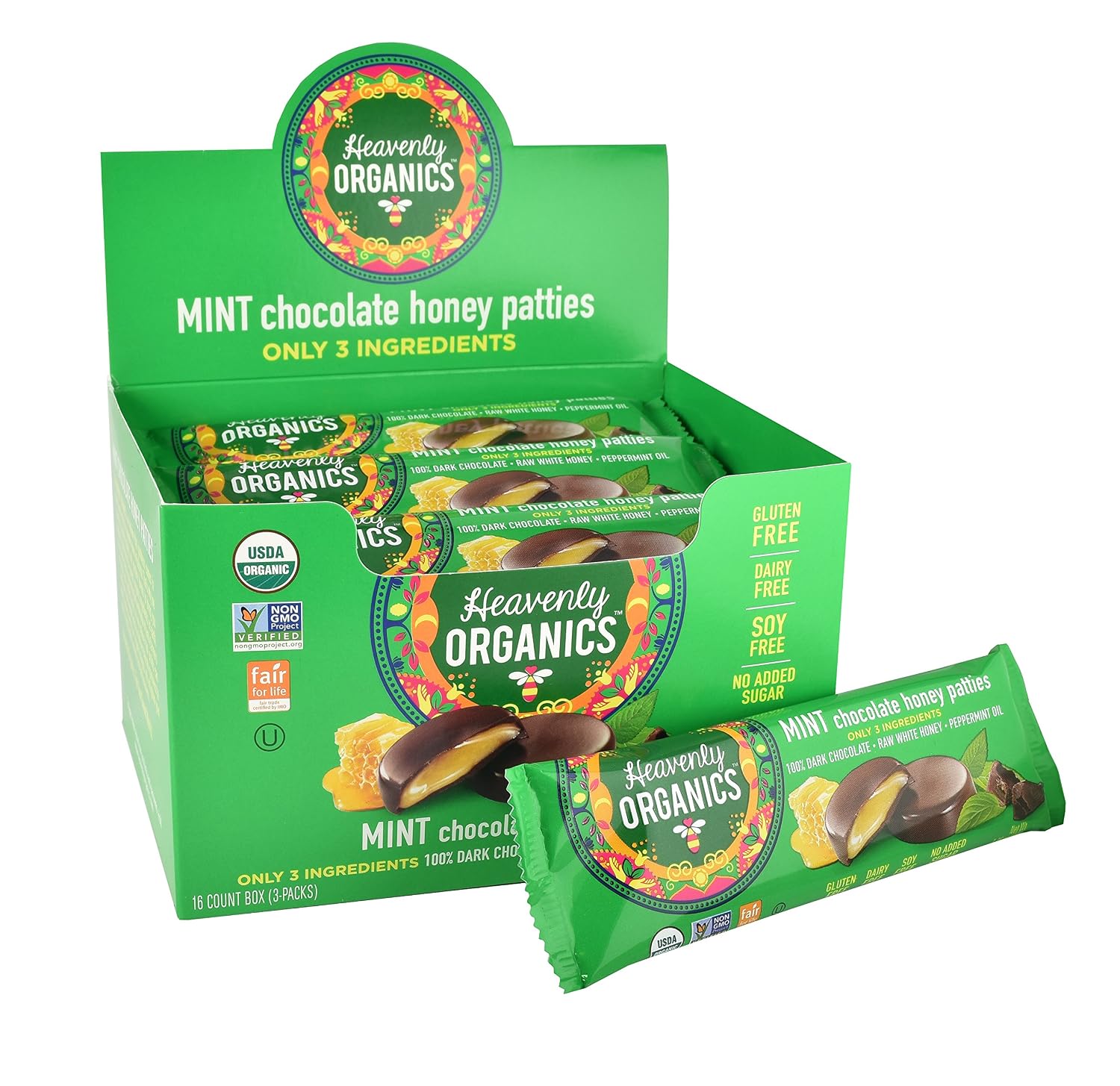 Heavenly Organics Mint Chocolate Honey Patties, (16 Per Box) Made with 100% Organic Cocoa and 100% Organic Raw White Honey; Non-GMO, Fair Trade, Kosher, Dairy & Gluten Free, No Sugar Added