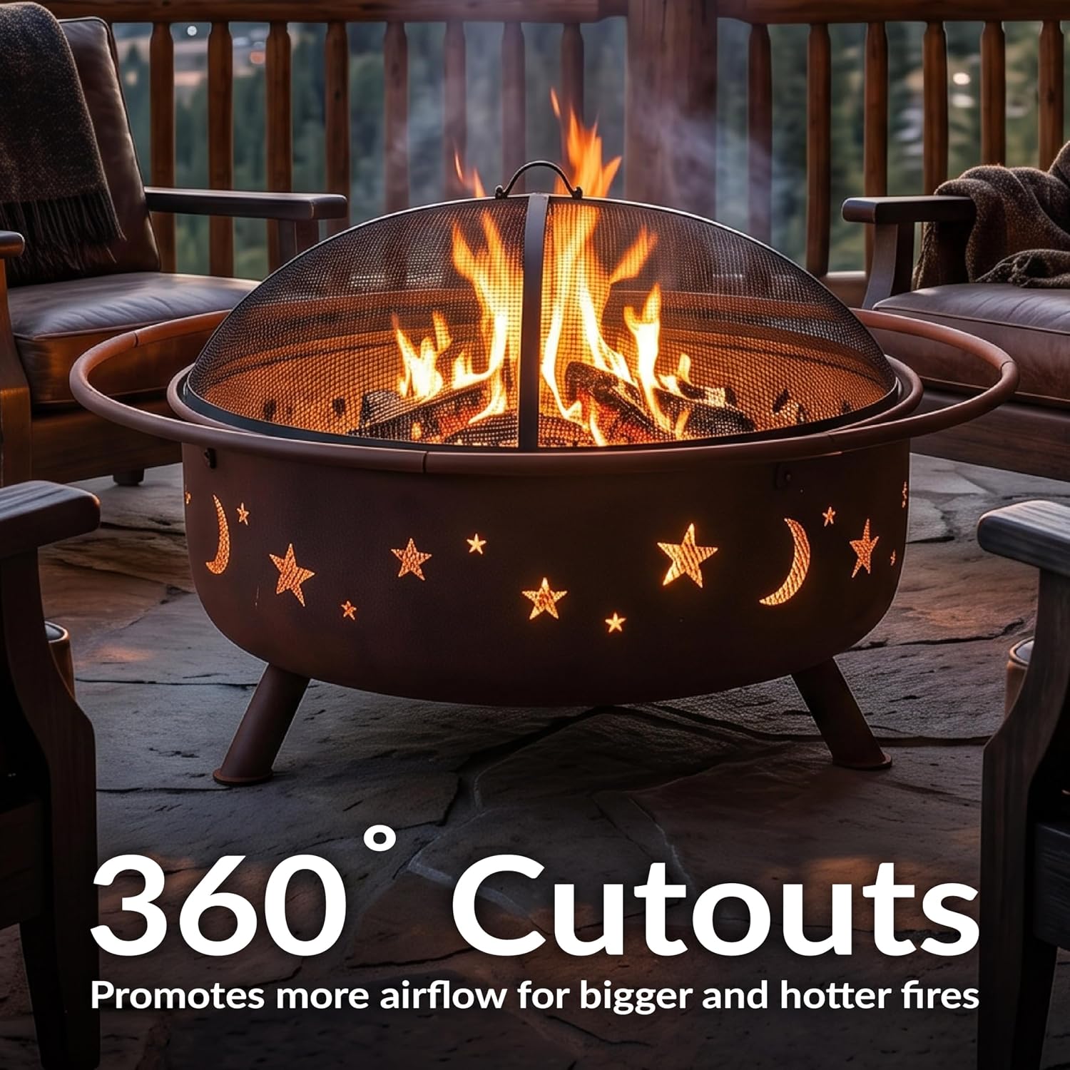 Sunnydaze Cosmic 42" Large Outdoor Fire Pit, Wood Burning, 34" Bowl Dia | Bronze, Heavy Duty Steel Metal, Includes Spark Screen, Wood Grate, & Poker, Round Backyard Firepit for Outside, Patio, Deck
