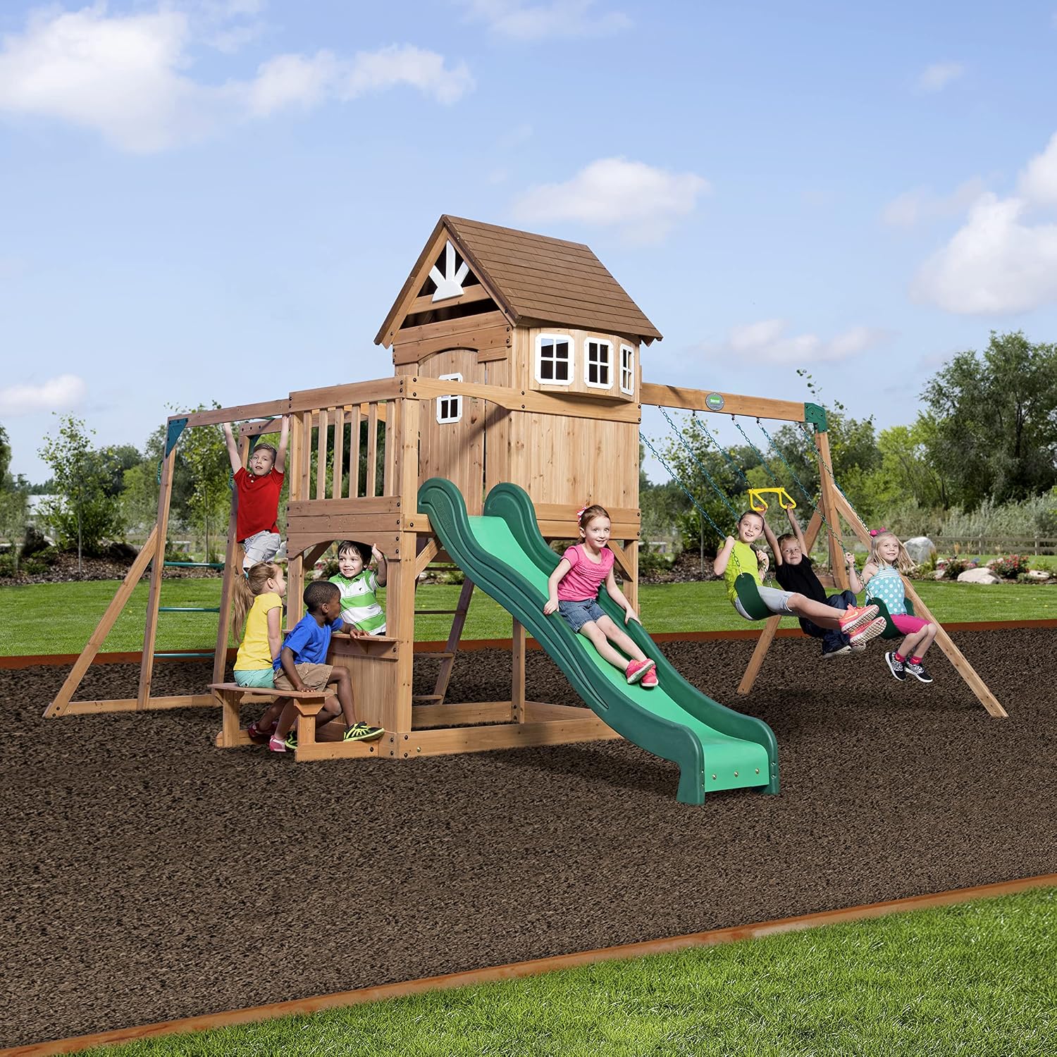 Backyard Discovery Montpelier Cedar Wood Swing Set, Wave Slide, Clubhouse, Monkey Bars, Picnic Area, Snack Bar, Belt Swings, Trapeze, Balcony
