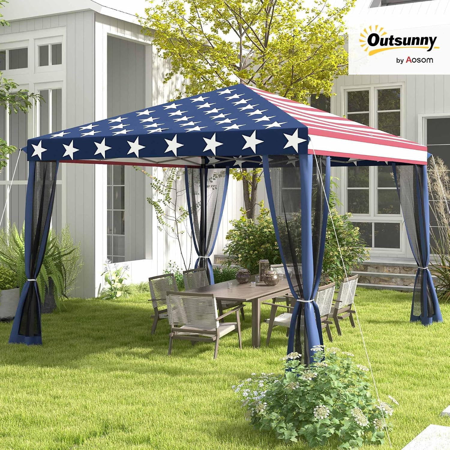 Outsunny 10' x 10' Pop Up Canopy Tent with Netting Carry Bag American Flag | Instant Gazebo, Screen House Room, Height Adjustable, Outdoor, Garden