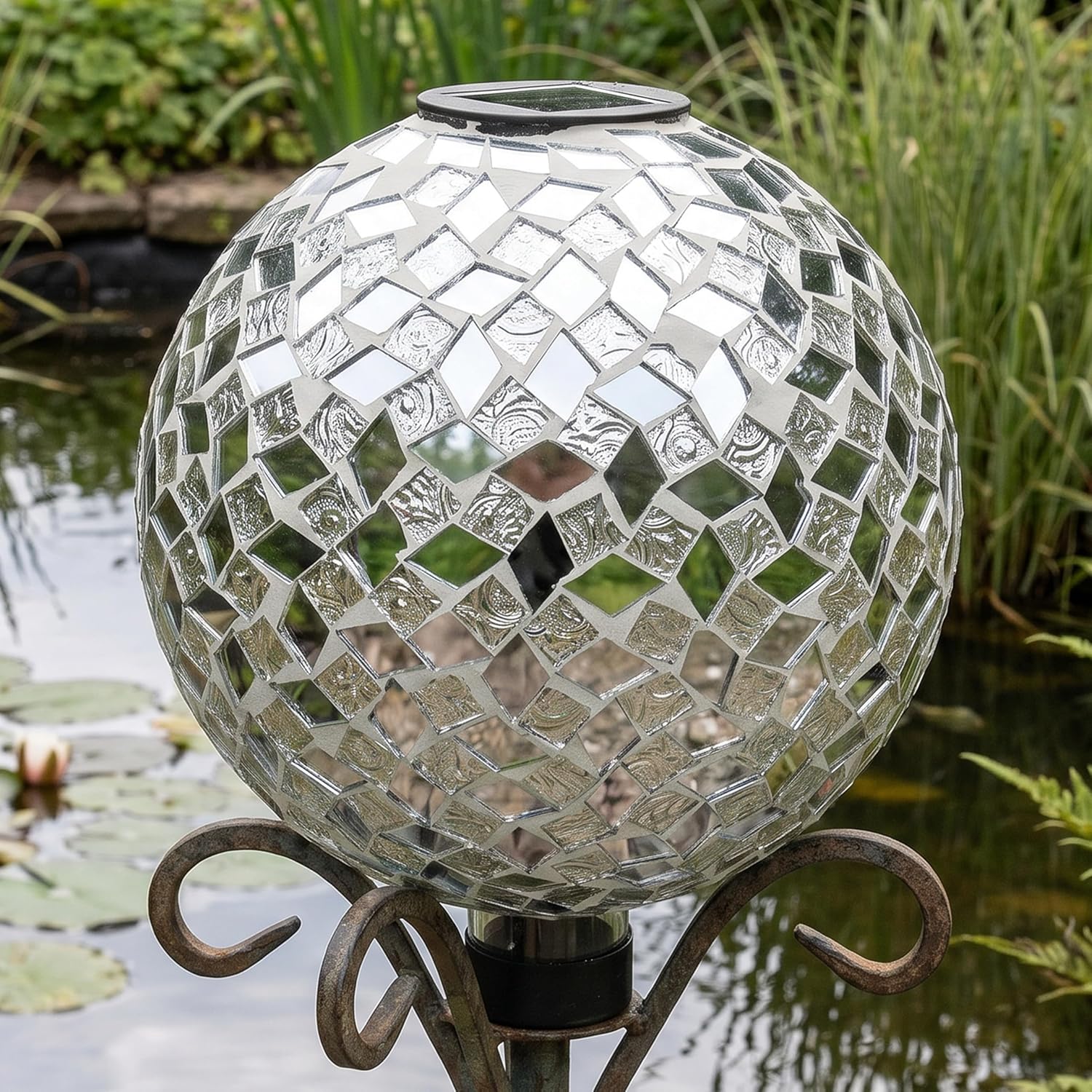 Sunnydaze Solar Gazing Ball for Garden, Mosaic Cool Blooms