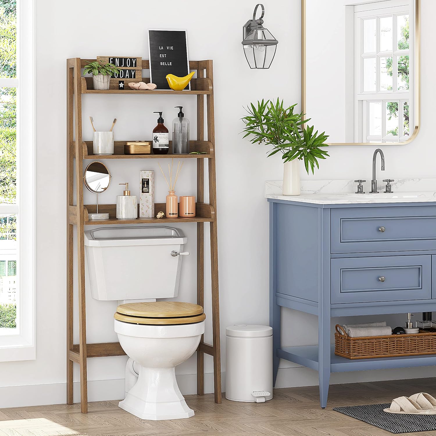 UTEX Over The Toilet Storage Shelf, 3-Tier Bathroom Organizer, White | FSC-Certified MDF, Open Ladder Design, Adjustable Lower Crossbar, Anti-tip Hardware, 33-Inch Clearance, Raised Side Guards